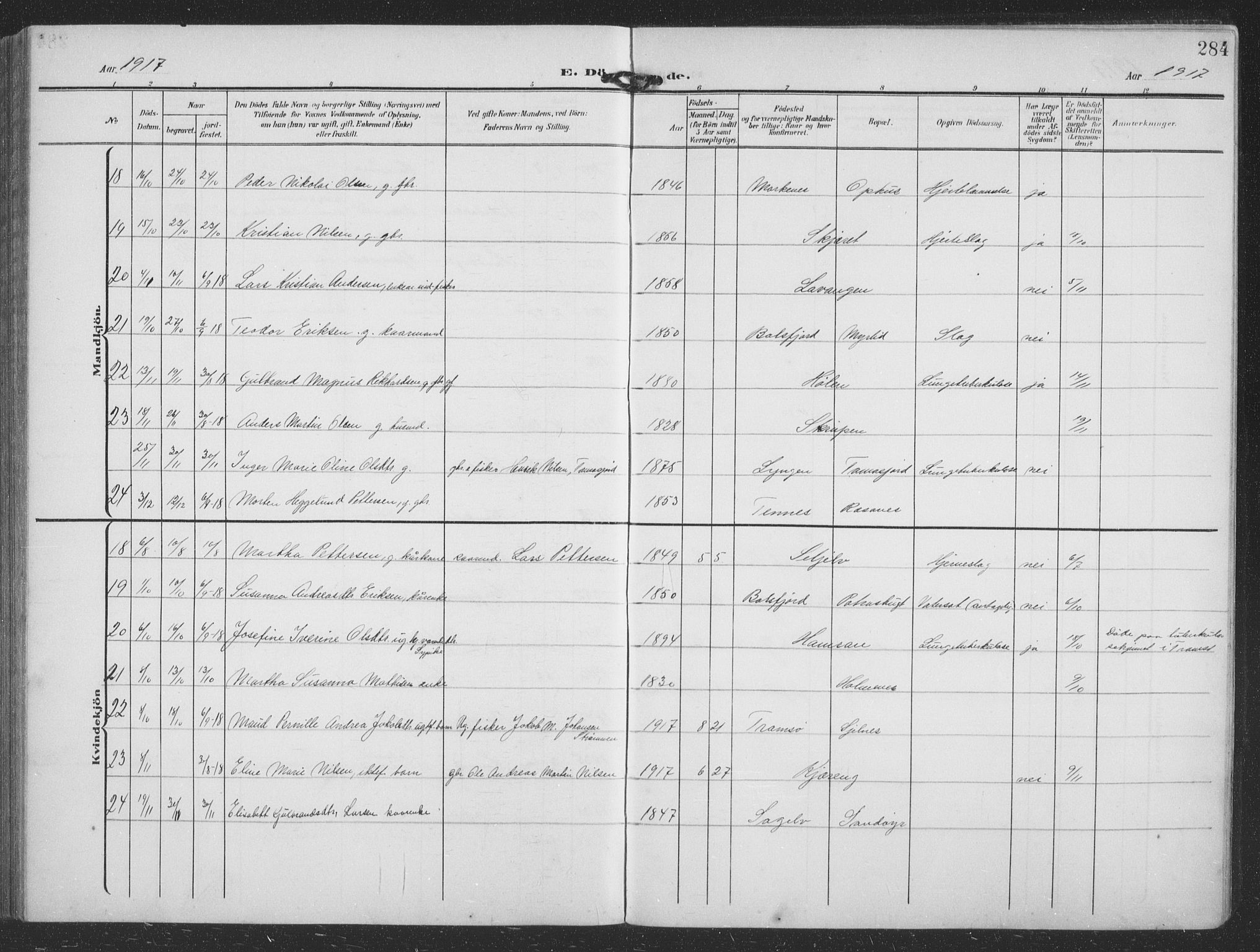 Balsfjord sokneprestembete, AV/SATØ-S-1303/G/Ga/L0009klokker: Klokkerbok nr. 9, 1906-1920, s. 284