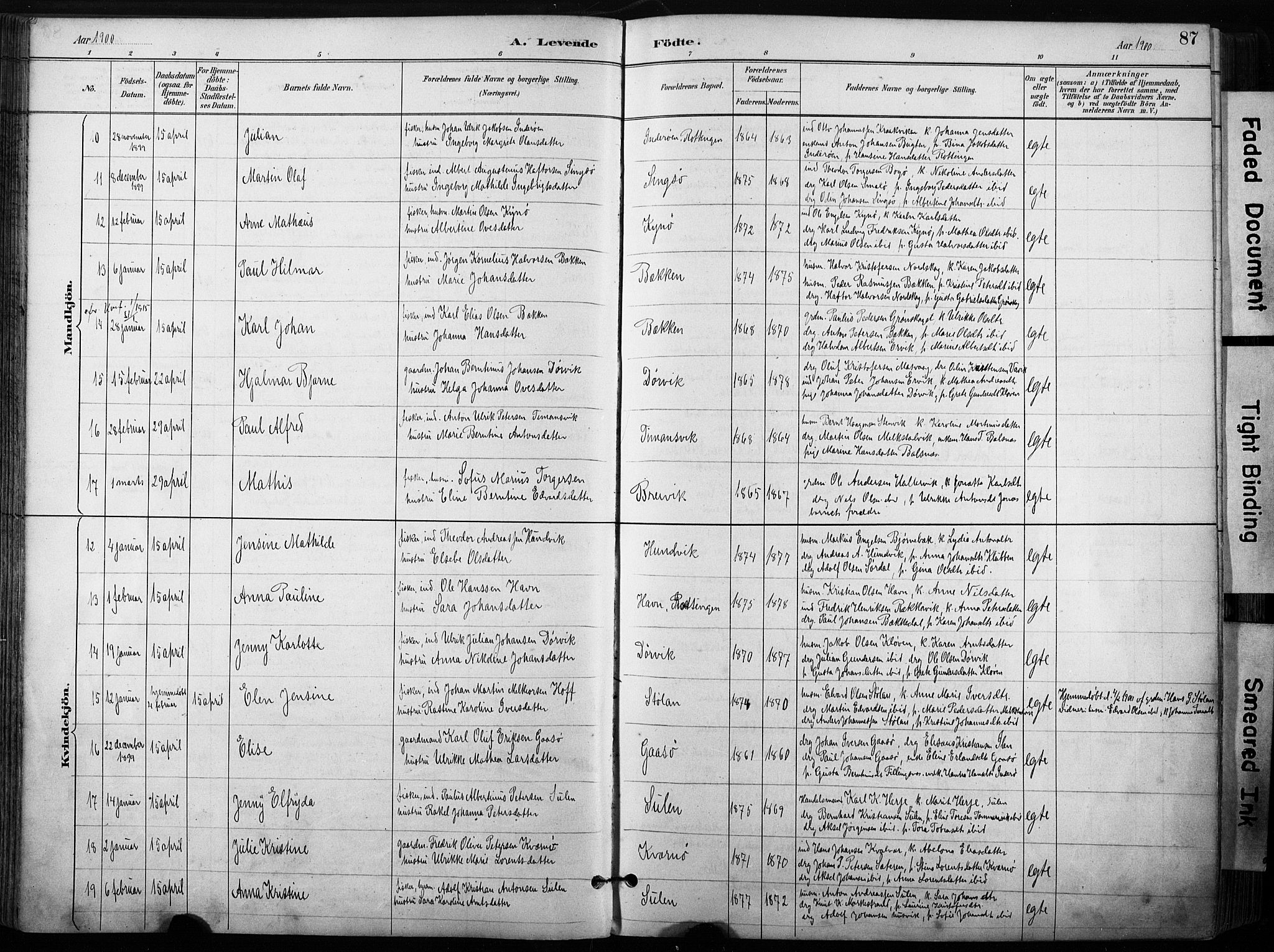 Ministerialprotokoller, klokkerbøker og fødselsregistre - Sør-Trøndelag, SAT/A-1456/640/L0579: Ministerialbok nr. 640A04, 1889-1902, s. 87