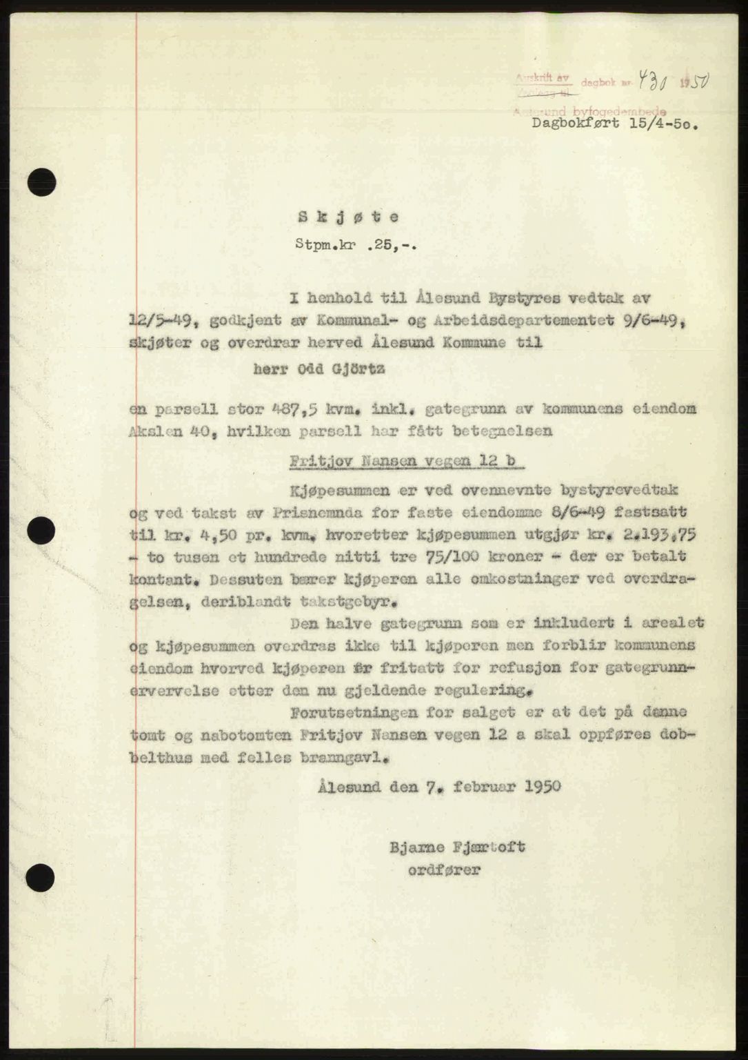 Ålesund byfogd, AV/SAT-A-4384: Pantebok nr. 37A (2), 1949-1950, Dagboknr: 430/1950