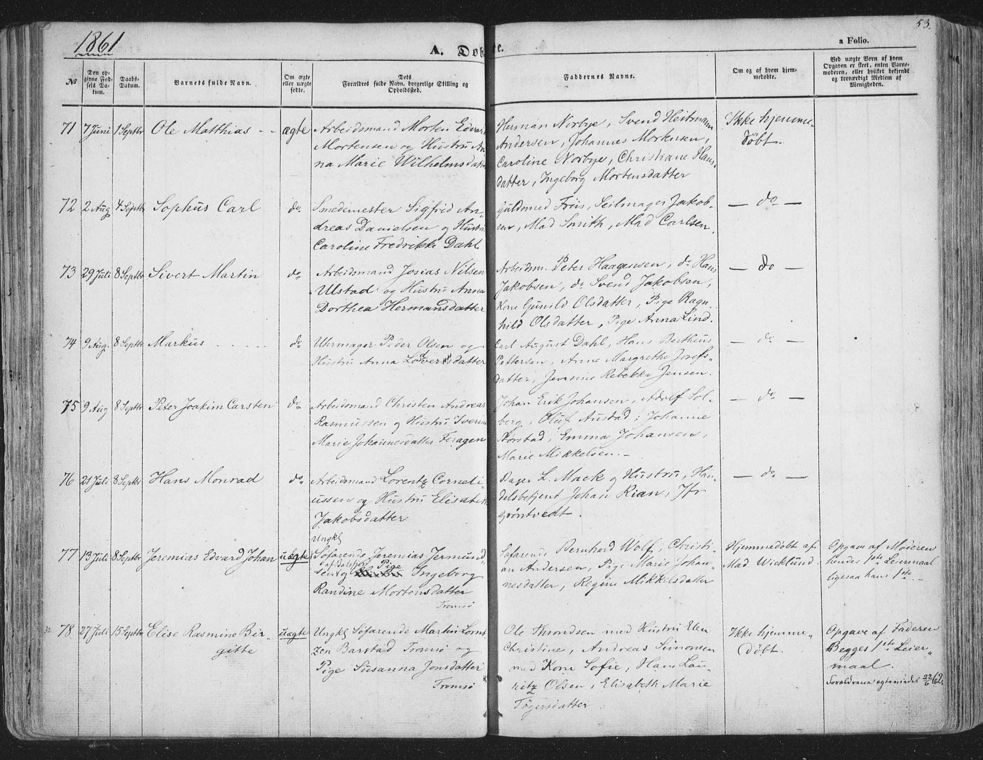 Tromsø sokneprestkontor/stiftsprosti/domprosti, AV/SATØ-S-1343/G/Ga/L0011kirke: Ministerialbok nr. 11, 1856-1865, s. 53