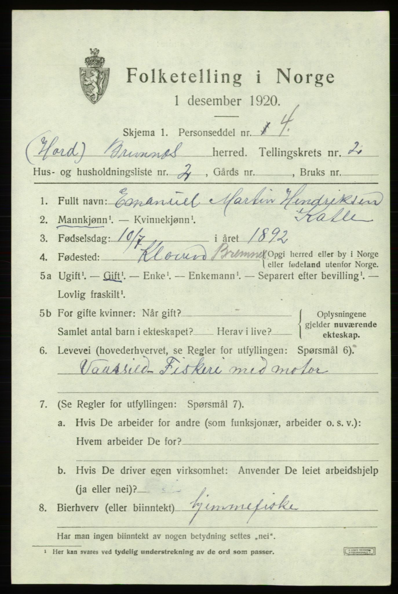 SAB, Folketelling 1920 for 1220 Bremnes herred, 1920, s. 1324