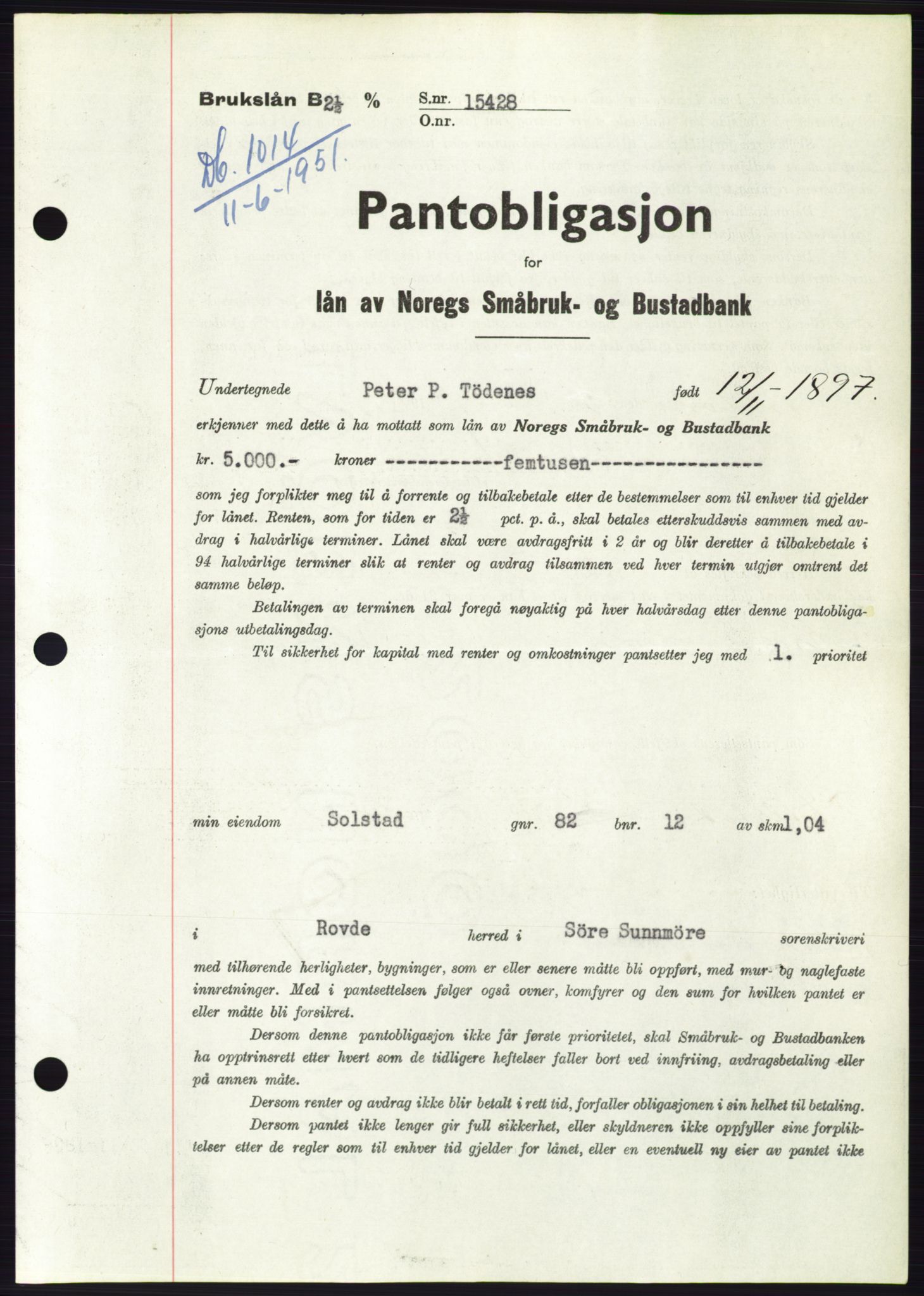 Søre Sunnmøre sorenskriveri, SAT/A-4122/1/2/2C/L0120: Pantebok nr. 8B, 1951-1951, Dagboknr: 1014/1951