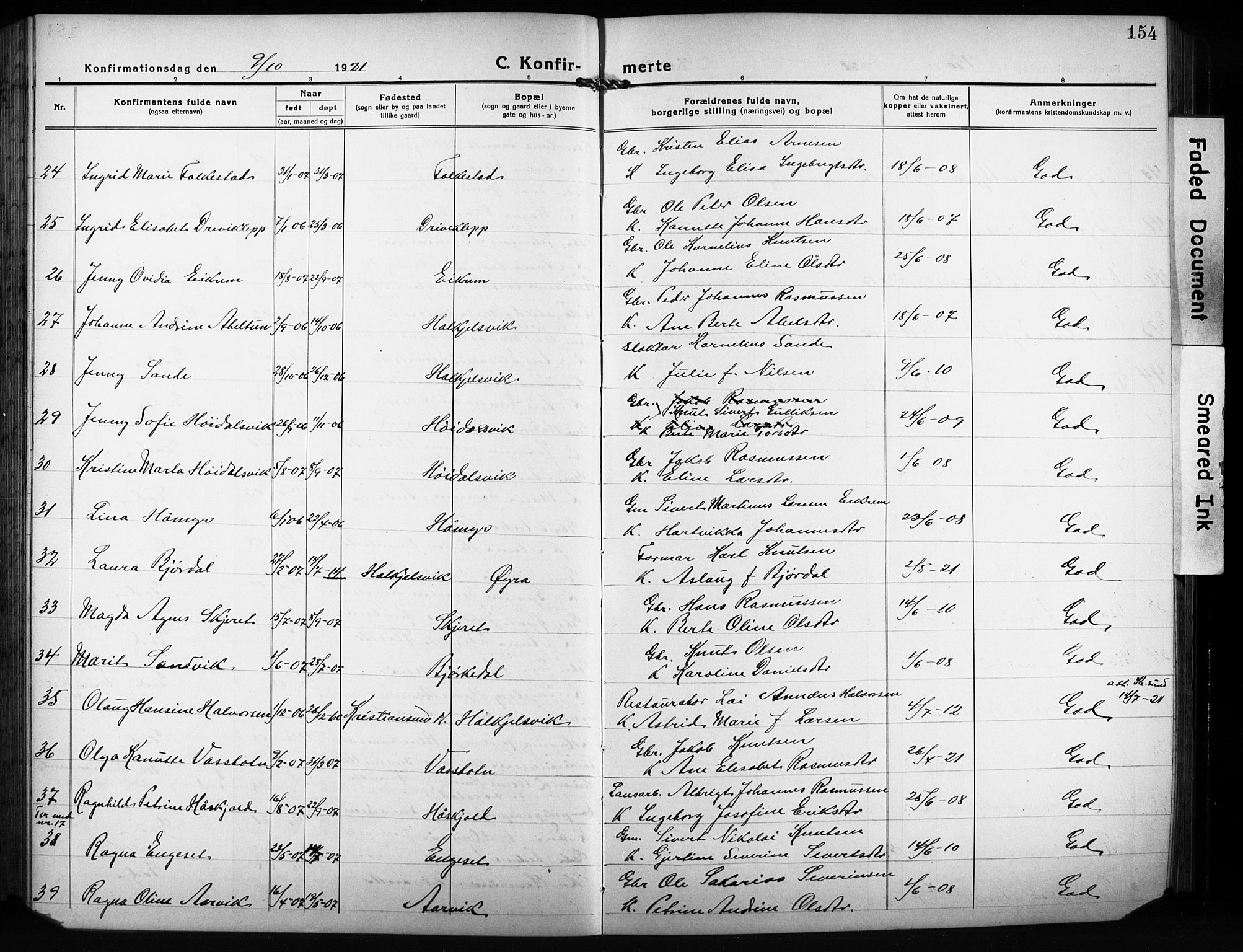 Ministerialprotokoller, klokkerbøker og fødselsregistre - Møre og Romsdal, AV/SAT-A-1454/511/L0160: Klokkerbok nr. 511C06, 1920-1932, s. 154