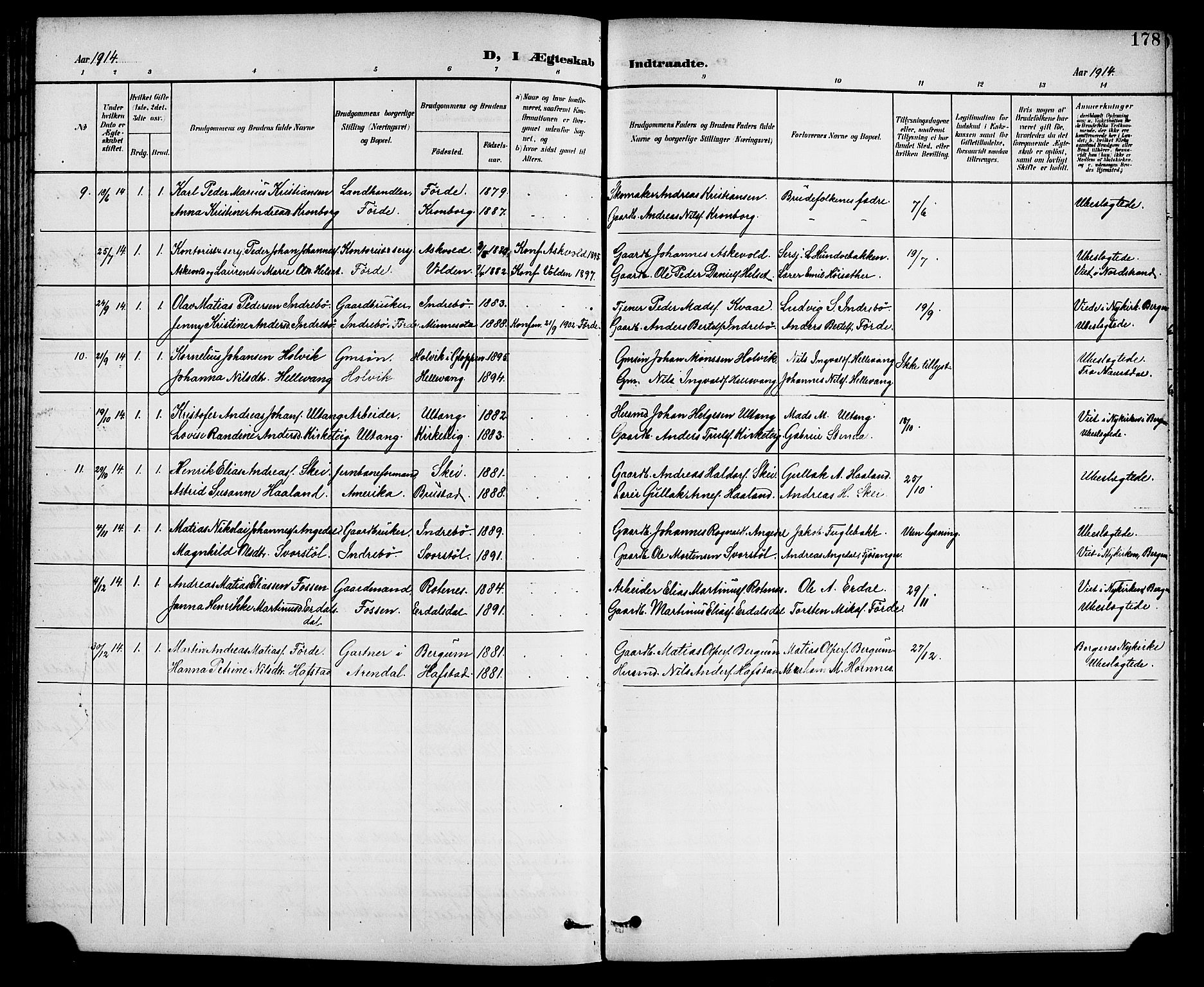 Førde sokneprestembete, AV/SAB-A-79901/H/Hab/Haba/L0003: Klokkerbok nr. A 3, 1899-1924, s. 178