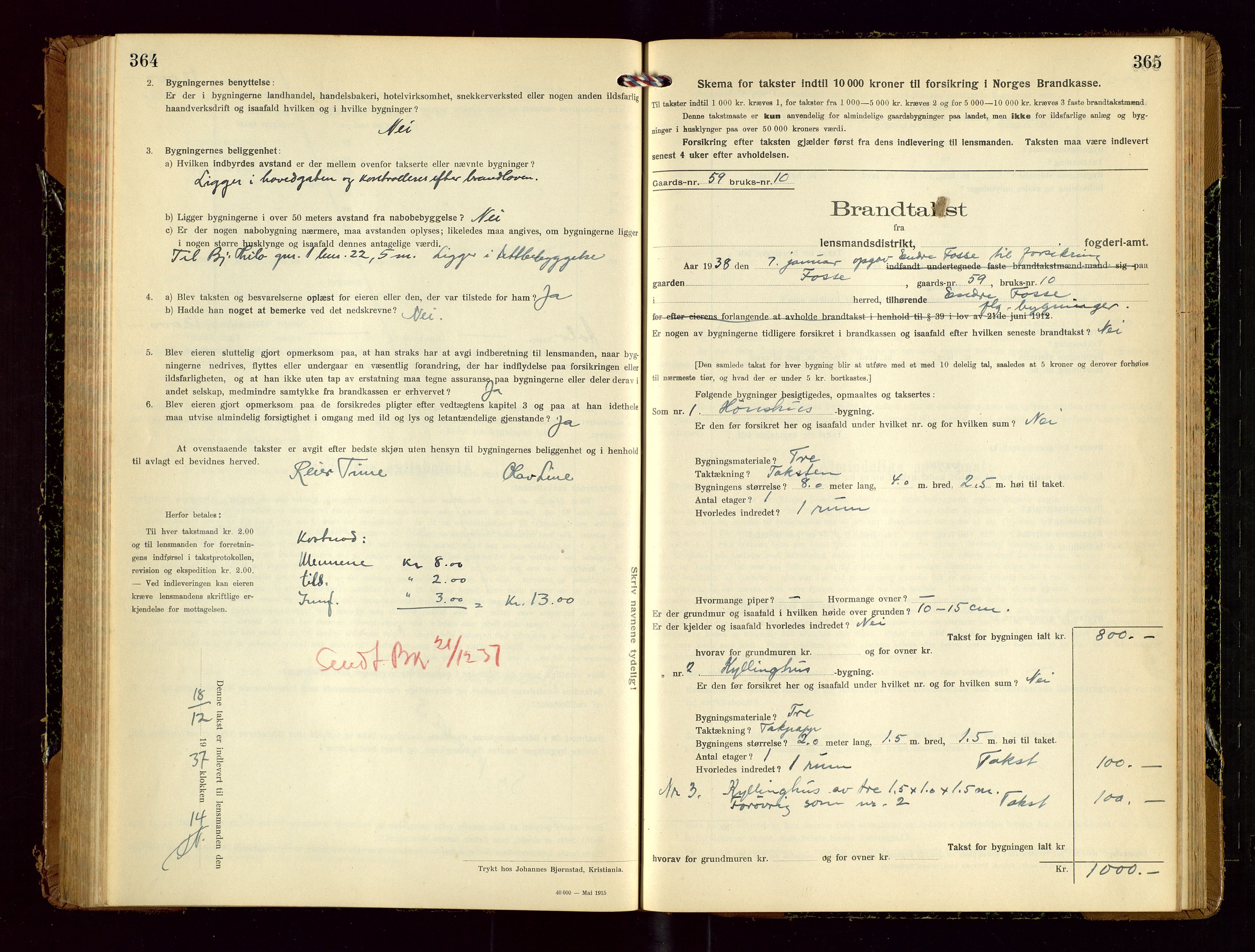 Time lensmannskontor, SAST/A-100420/Gob/L0002: Branntakstprotokoll, 1919-1952, s. 364-365