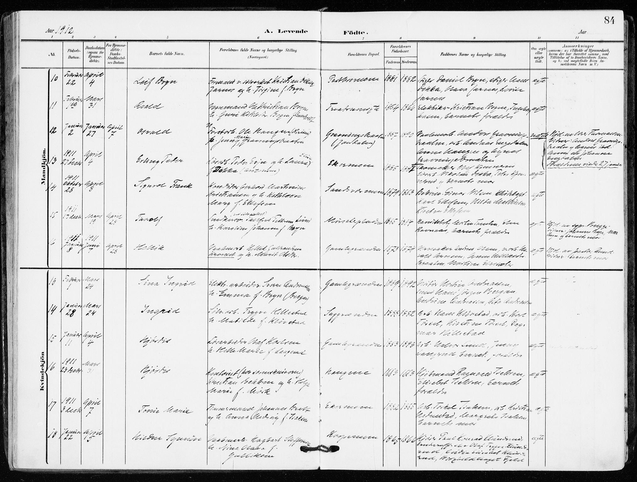 Kongsberg kirkebøker, AV/SAKO-A-22/F/Fb/L0004: Ministerialbok nr. II 4, 1906-1918, s. 84
