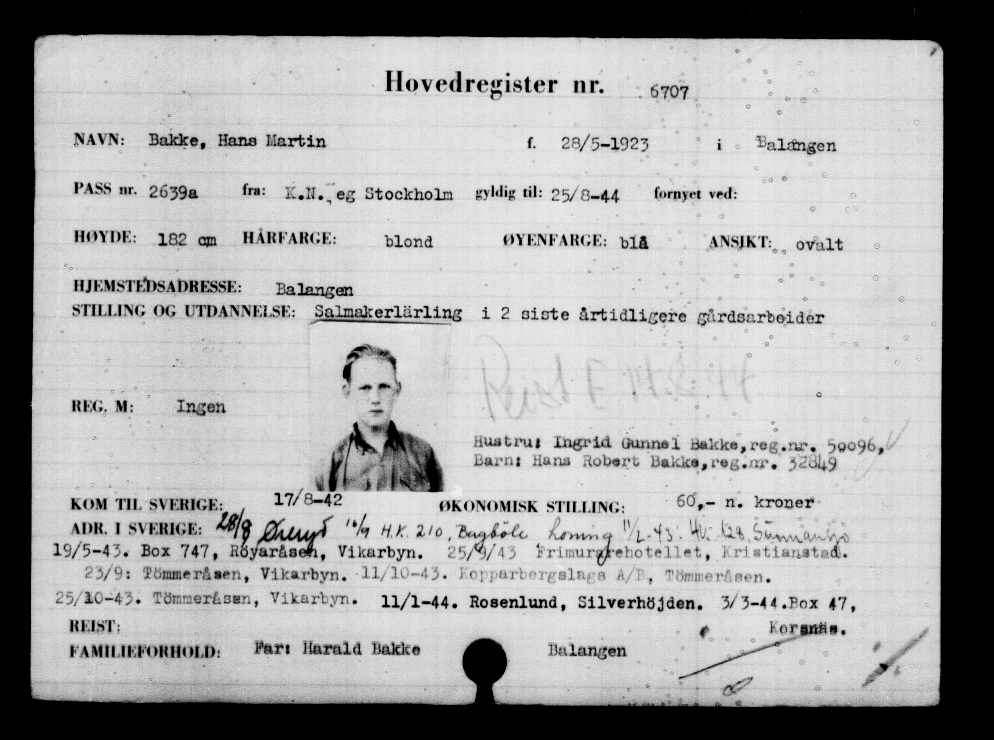 Utenriksstasjonene, Legasjonen i Stockholm, Flyktningkontoret, AV/RA-S-6753/V/Va/L0005: Kjesäterkartoteket, flyktning nr. 6600-9417, 1940-1945, s. 129