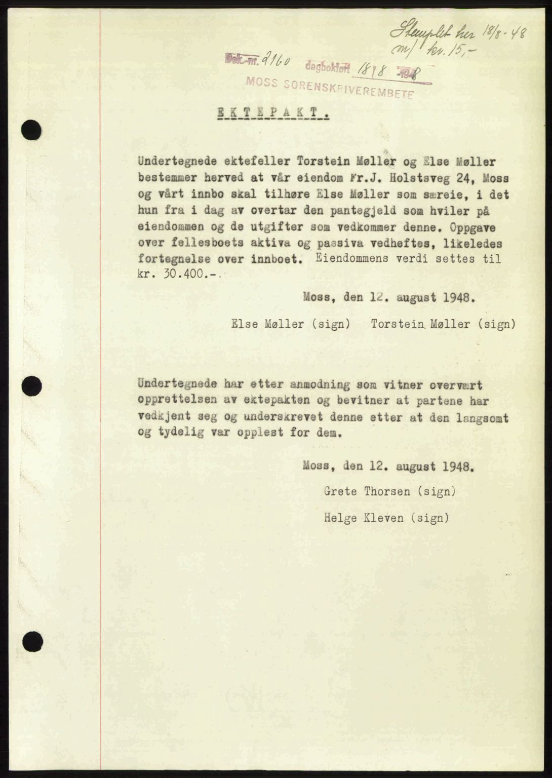 Moss sorenskriveri, SAO/A-10168: Pantebok nr. A20, 1948-1948, Dagboknr: 2160/1948