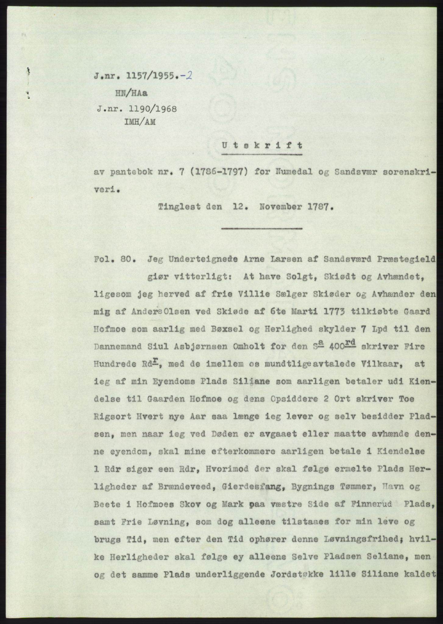 Statsarkivet i Kongsberg, AV/SAKO-A-0001/E/Ee/L0004: Avskrifter, SAO jnr. 802/1955 - 1192/1955, 1955, s. 426