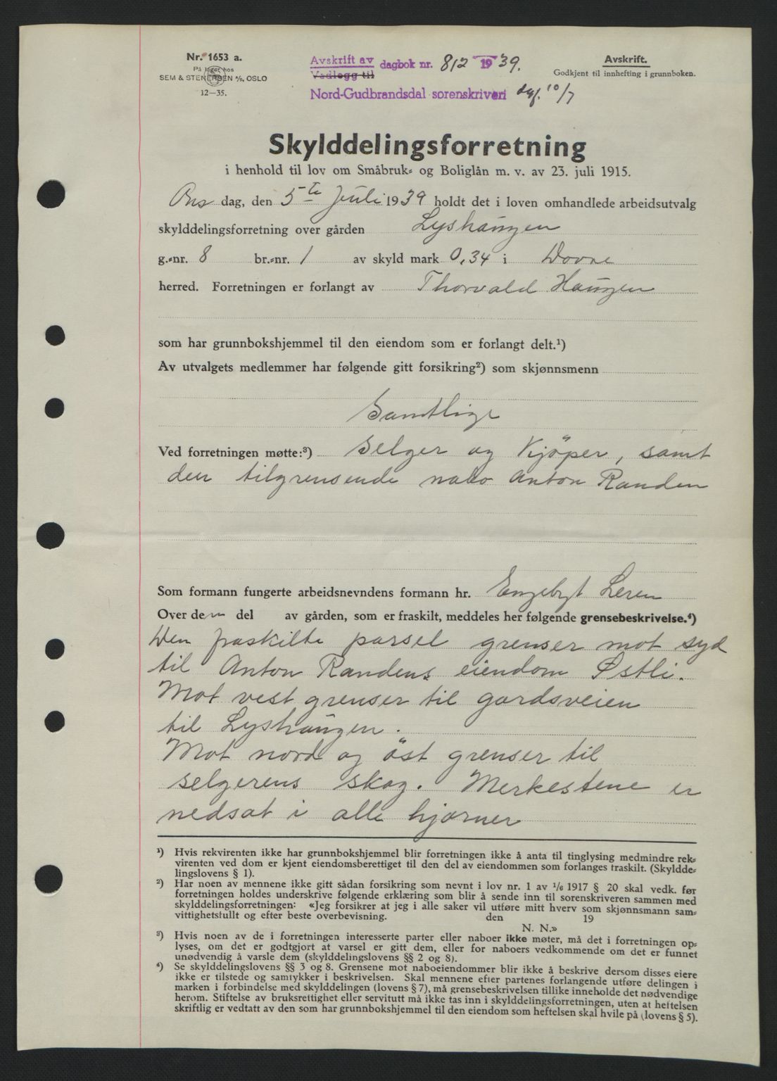 Nord-Gudbrandsdal tingrett, SAH/TING-002/H/Hb/Hbb/L0005: Pantebok nr. FA5, 1939-1940, Dagboknr: 812/1939