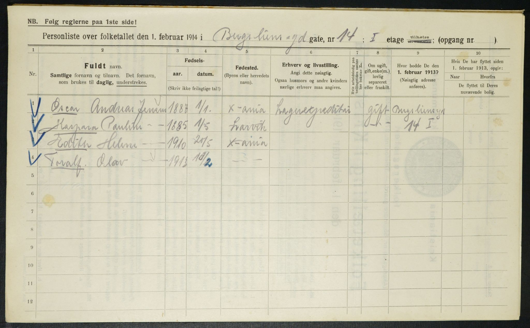 OBA, Kommunal folketelling 1.2.1914 for Kristiania, 1914, s. 4318