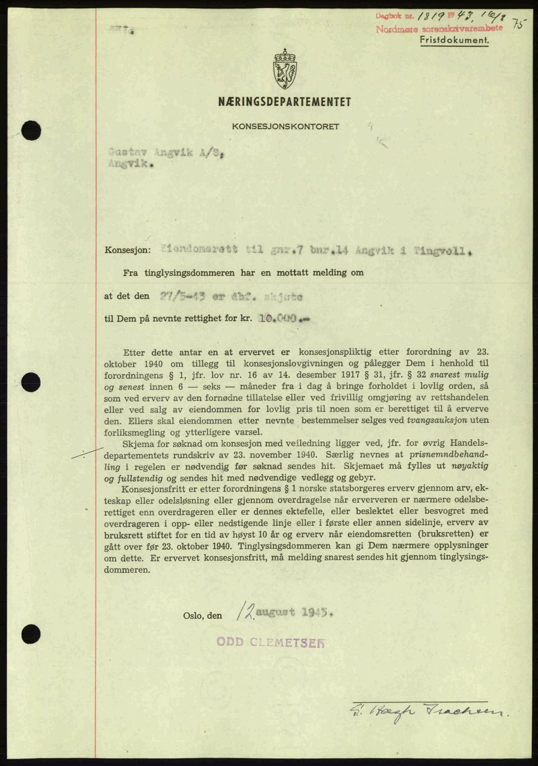 Nordmøre sorenskriveri, AV/SAT-A-4132/1/2/2Ca: Pantebok nr. B91, 1943-1944, Dagboknr: 1819/1943