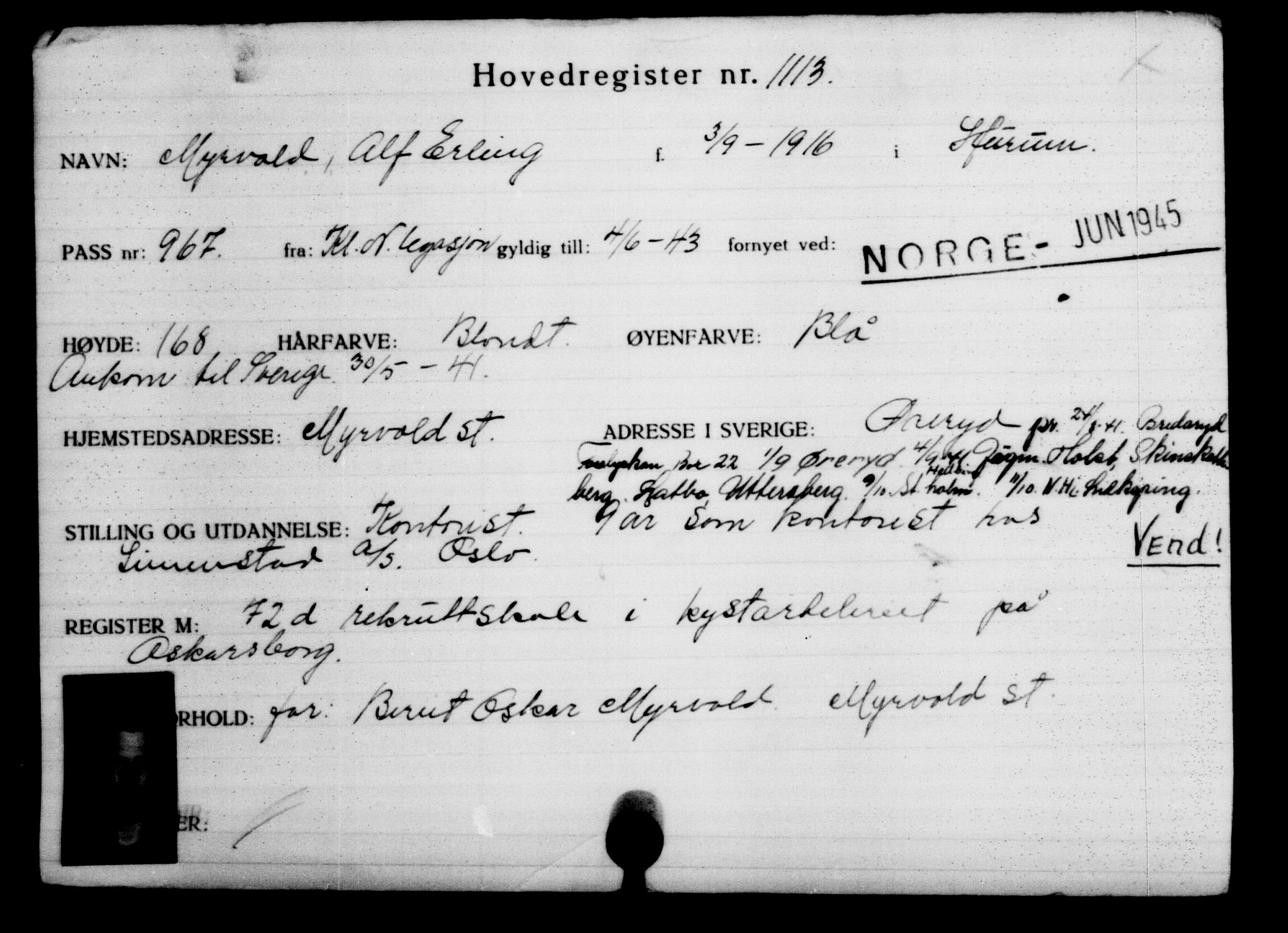 Utenriksstasjonene, Legasjonen i Stockholm, Flyktningkontoret, AV/RA-S-6753/V/Va/L0002: Kjesäterkartoteket, flyktninger med registreringsnr. 1001-2000, 1940-1945, s. 184