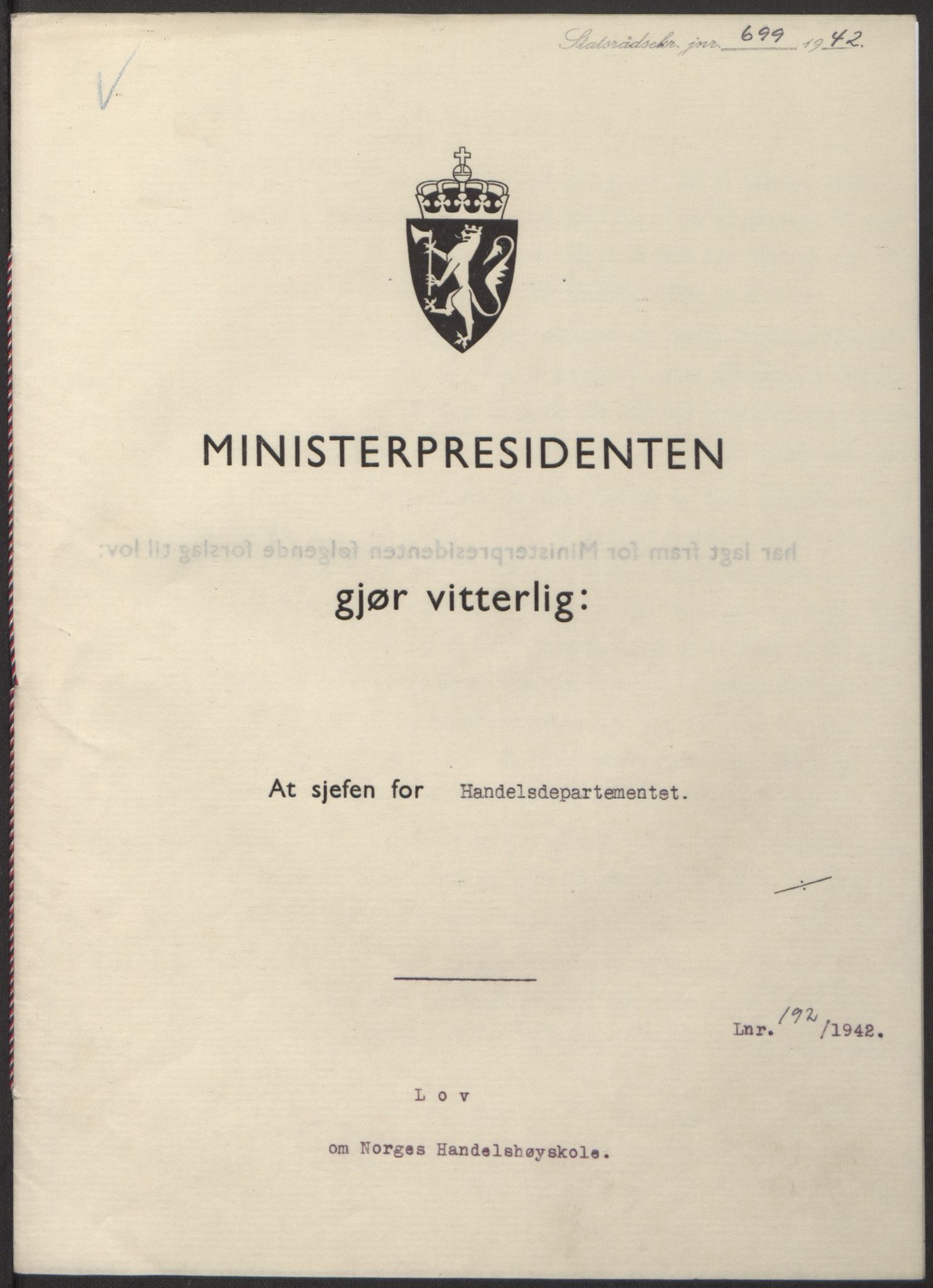 NS-administrasjonen 1940-1945 (Statsrådsekretariatet, de kommisariske statsråder mm), AV/RA-S-4279/D/Db/L0098: Lover II, 1942, s. 374
