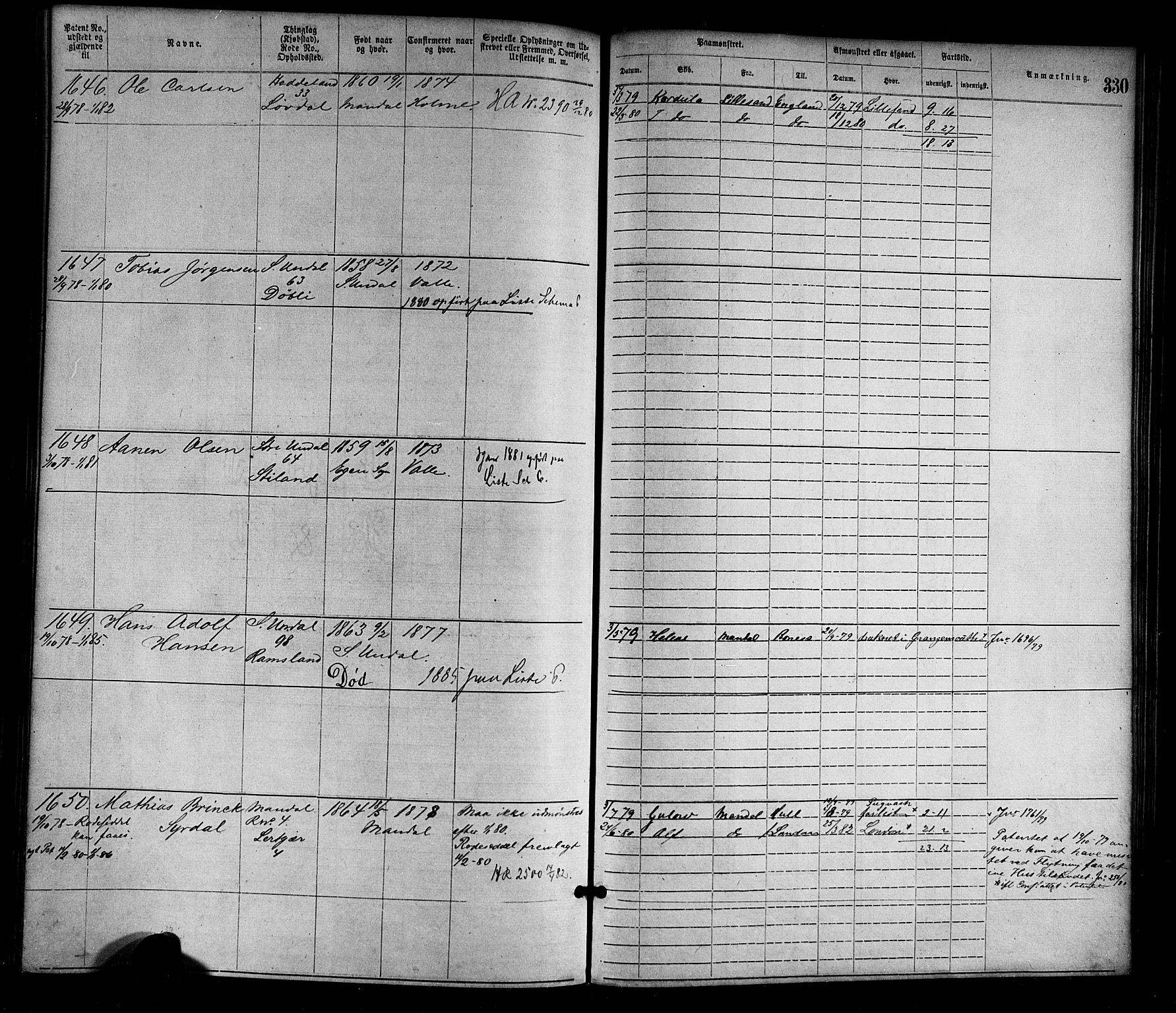 Mandal mønstringskrets, SAK/2031-0016/F/Fa/L0001: Annotasjonsrulle nr 1-1920 med register, L-3, 1869-1881, s. 368