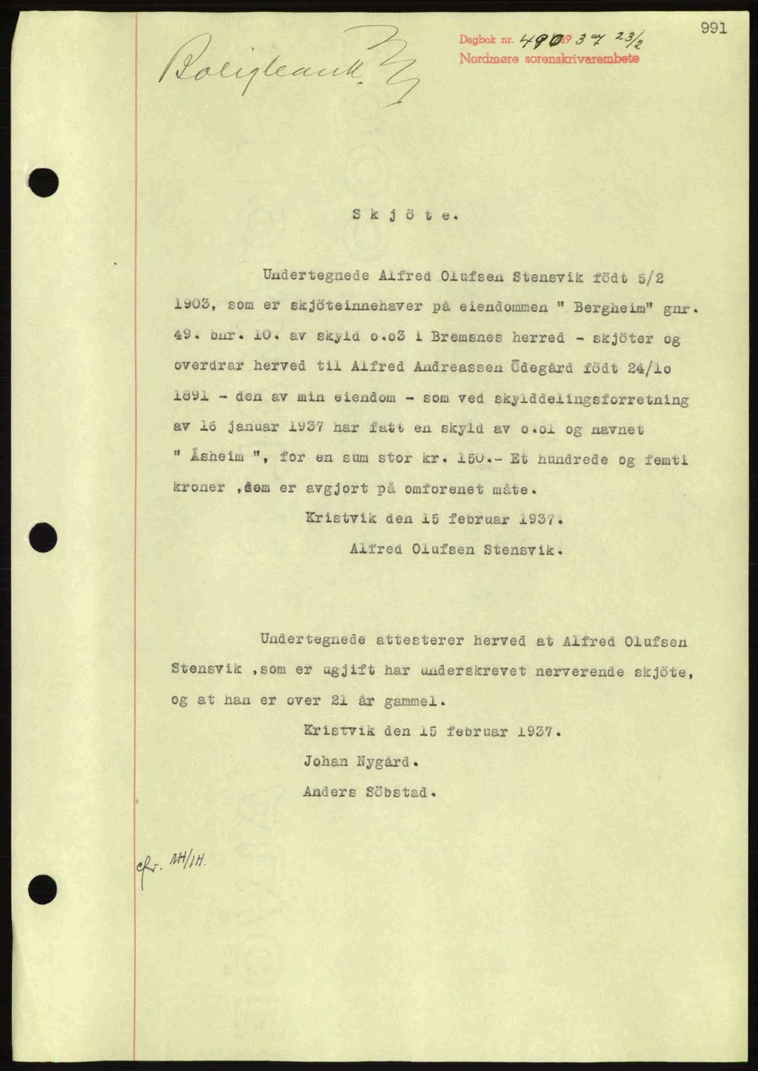 Nordmøre sorenskriveri, SAT/A-4132/1/2/2Ca: Pantebok nr. A80, 1936-1937, Dagboknr: 490/1937