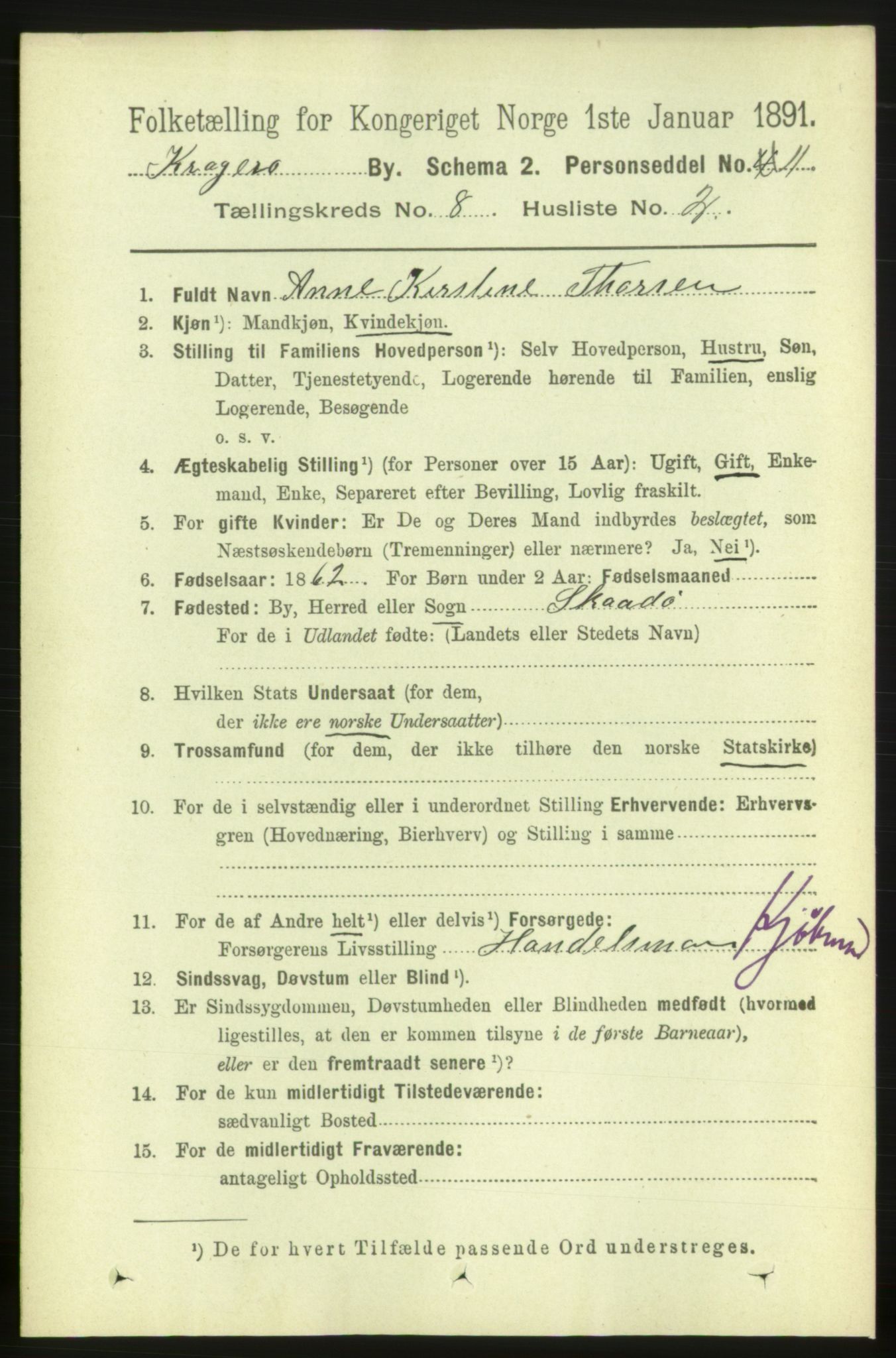 RA, Folketelling 1891 for 0801 Kragerø kjøpstad, 1891, s. 3583