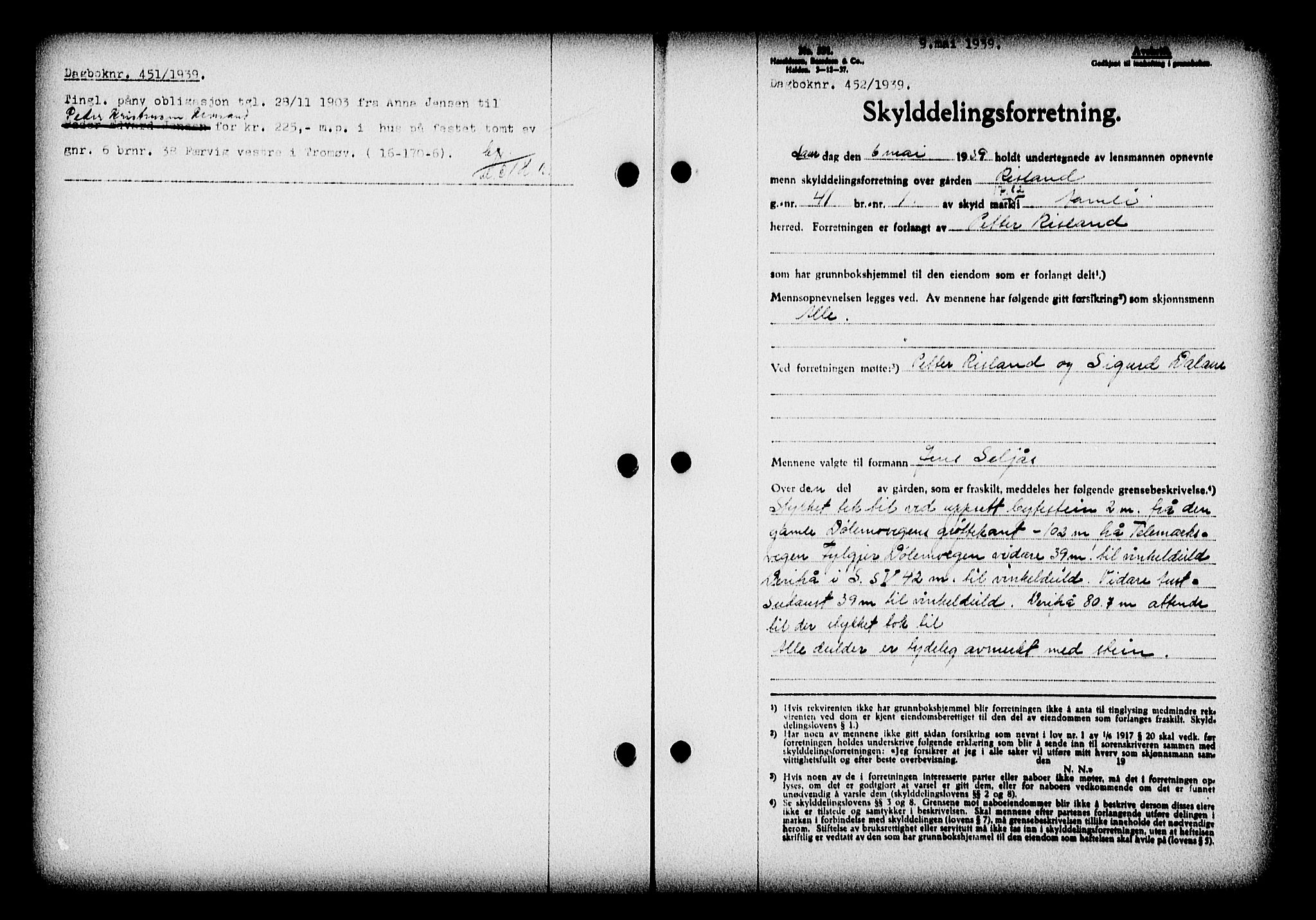 Nedenes sorenskriveri, SAK/1221-0006/G/Gb/Gba/L0046: Pantebok nr. 42, 1938-1939, Dagboknr: 452/1939