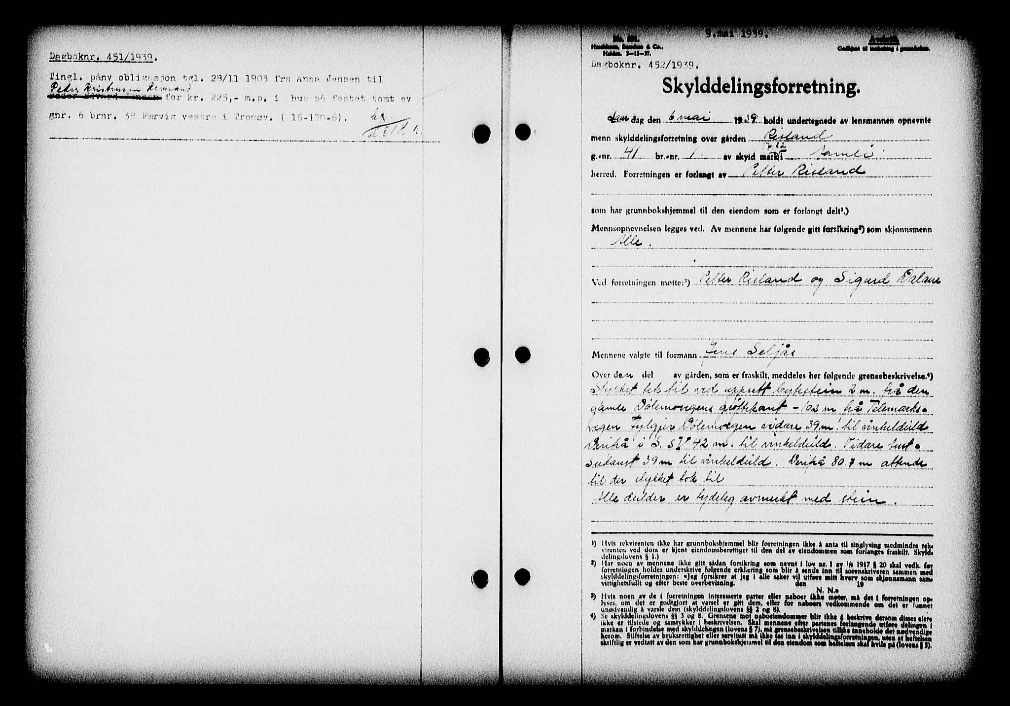 Nedenes sorenskriveri, AV/SAK-1221-0006/G/Gb/Gba/L0046: Pantebok nr. 42, 1938-1939, Dagboknr: 452/1939
