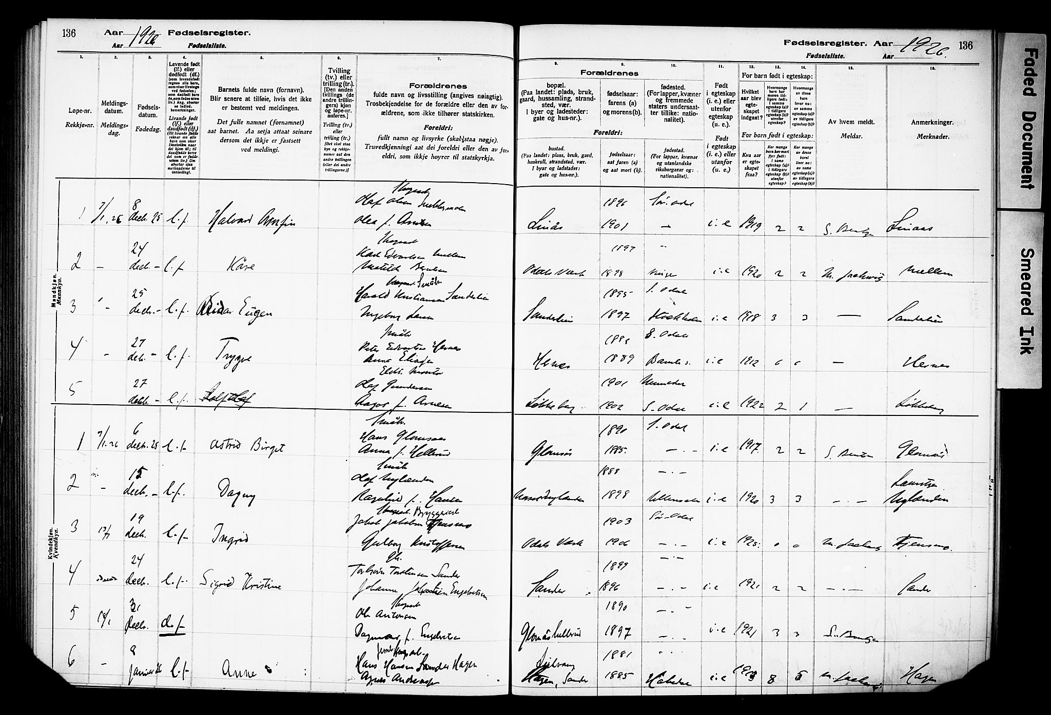 Sør-Odal prestekontor, AV/SAH-PREST-030/I/Id: Fødselsregister nr. 1, 1916-1931, s. 136
