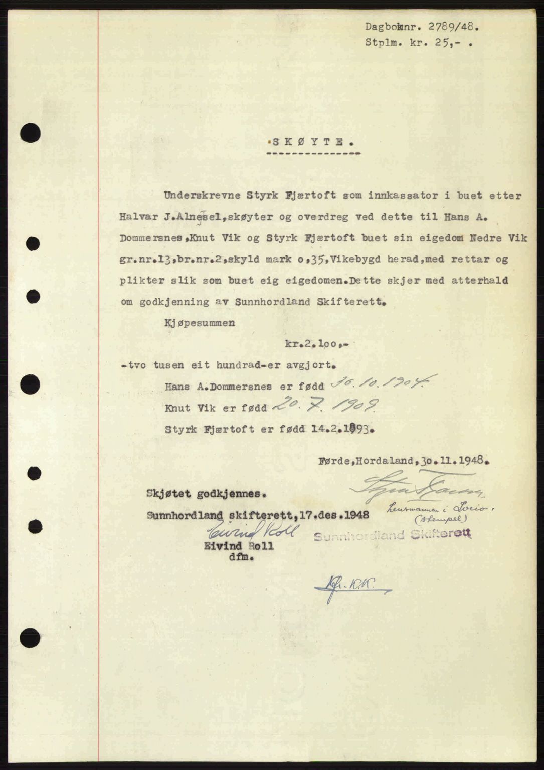 Sunnhordland sorenskrivar, AV/SAB-A-2401: Pantebok nr. A88, 1948-1949, Dagboknr: 2789/1948