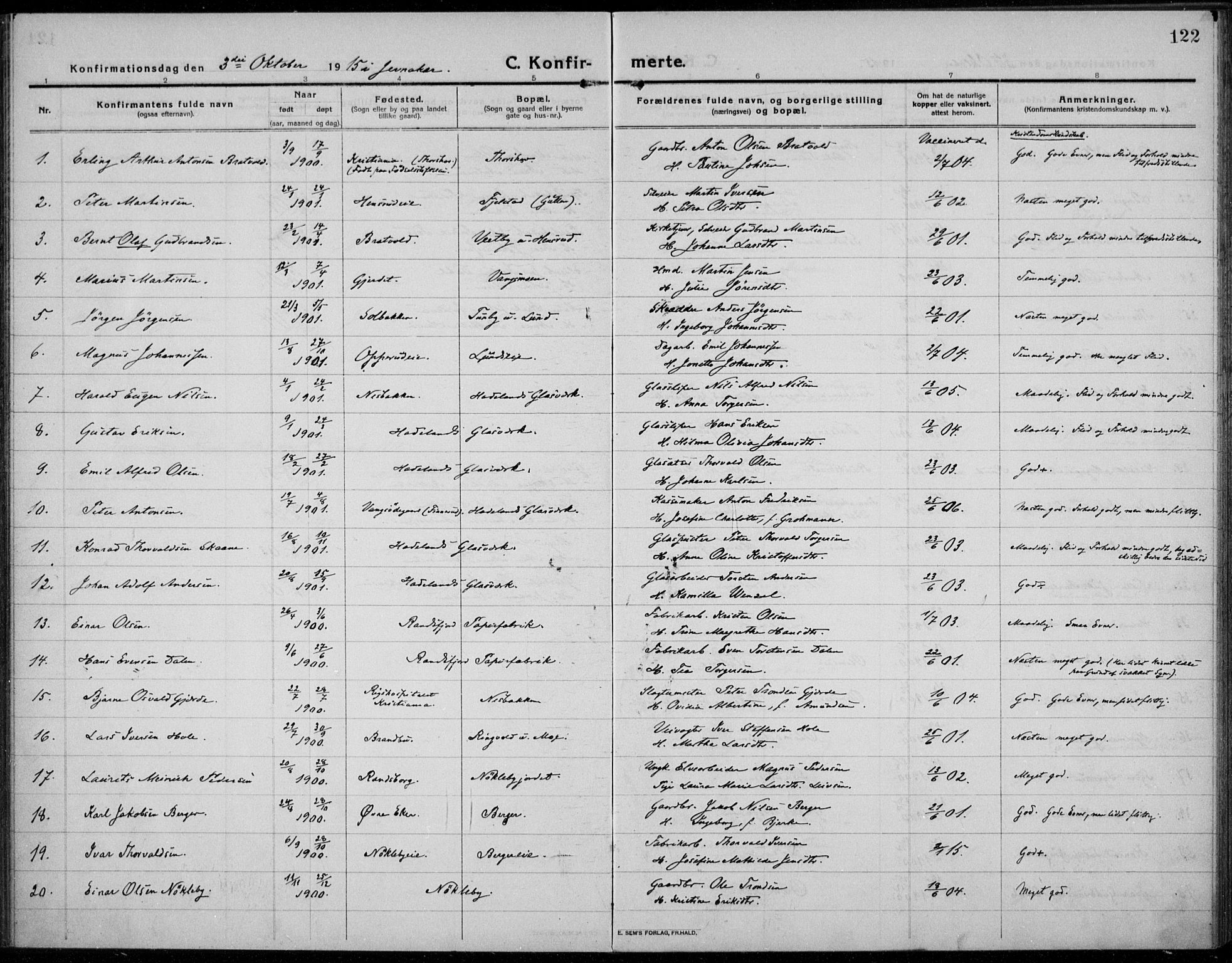Jevnaker prestekontor, AV/SAH-PREST-116/H/Ha/Haa/L0012: Ministerialbok nr. 12, 1914-1924, s. 122