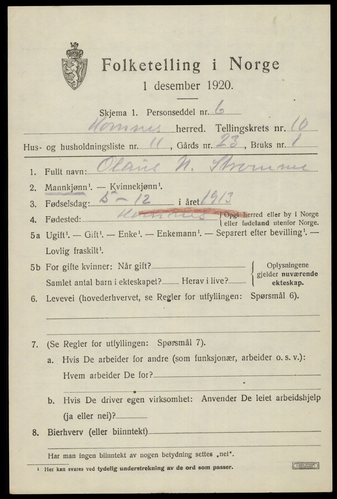 SAK, Folketelling 1920 for 0936 Hornnes herred, 1920, s. 2625