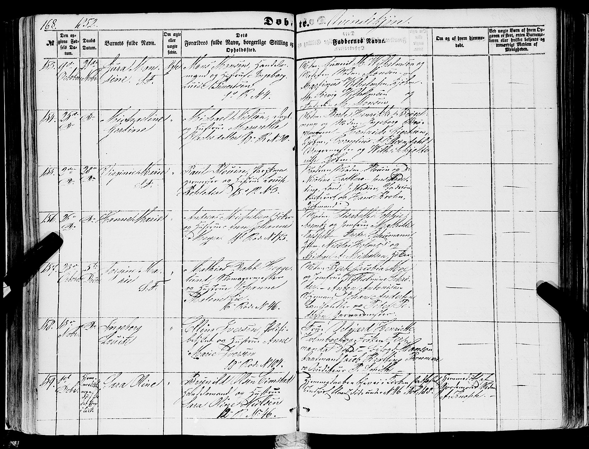 Domkirken sokneprestembete, AV/SAB-A-74801/H/Haa/L0020: Ministerialbok nr. B 3, 1851-1859, s. 168
