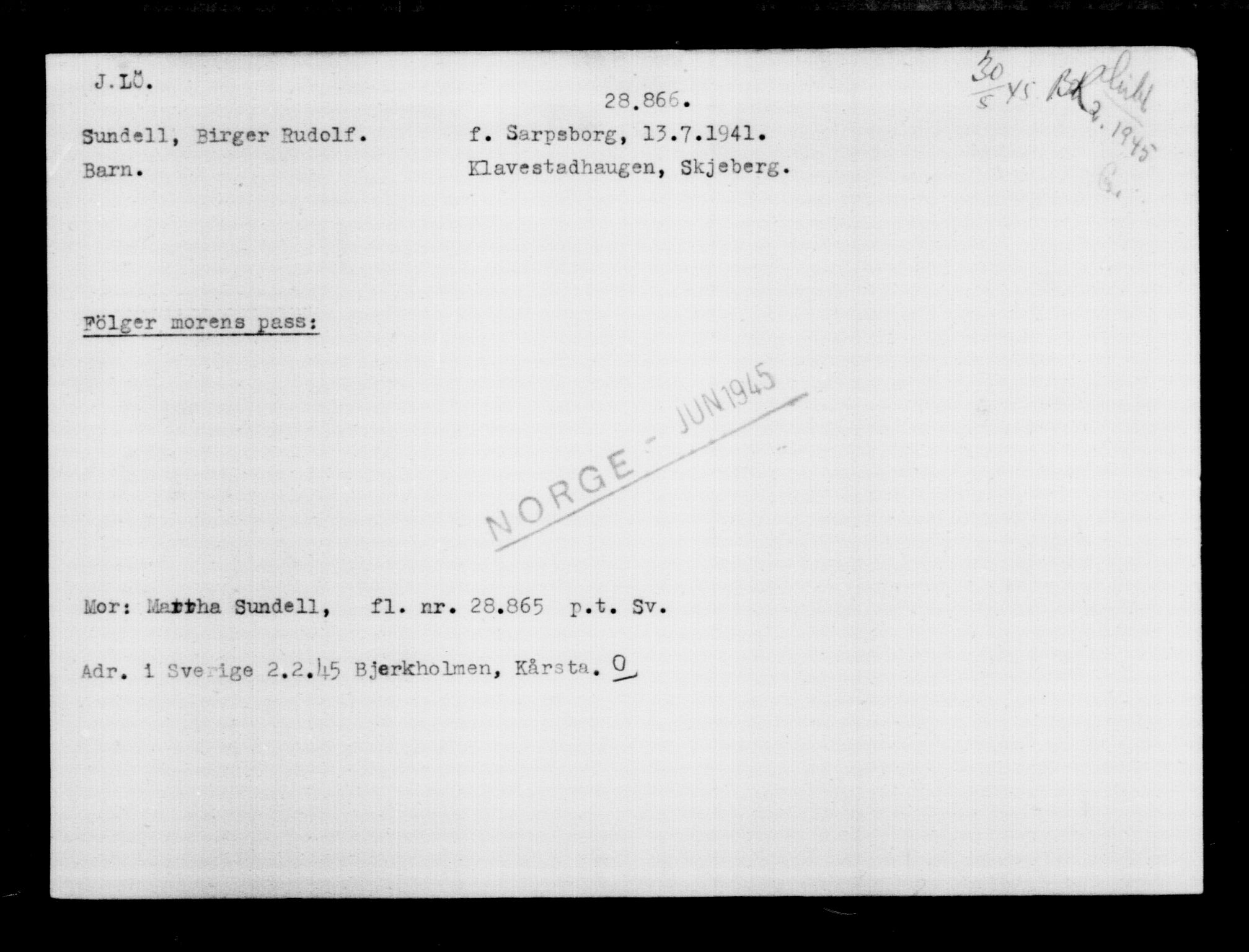 Utenriksstasjonene, Legasjonen i Stockholm, Flyktningkontoret, AV/RA-S-6753/V/Va/L0012: Kjesäterkartoteket, flyktninger med registreringsnr. 28300-31566, 1940-1945, s. 614
