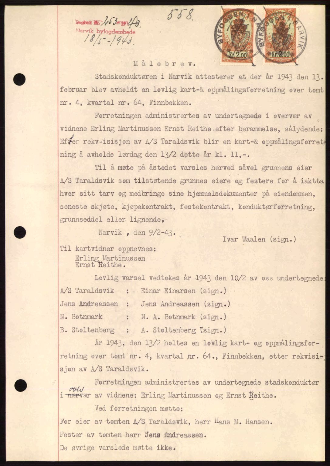 Narvik sorenskriveri, SAT/A-0002/1/2/2C/2Ca: Pantebok nr. A19, 1942-1943, Dagboknr: 253/1943