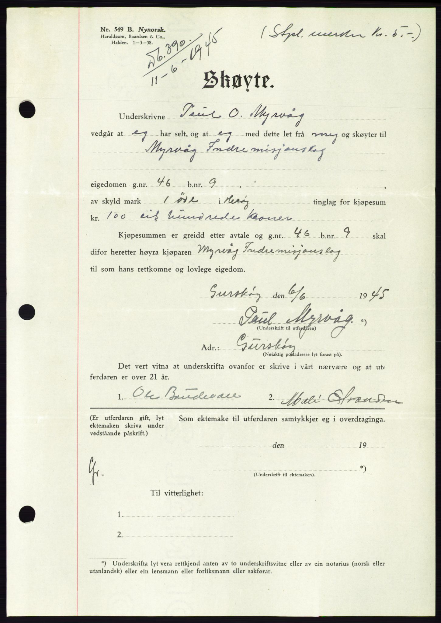 Søre Sunnmøre sorenskriveri, SAT/A-4122/1/2/2C/L0077: Pantebok nr. 3A, 1945-1946, Dagboknr: 390/1945