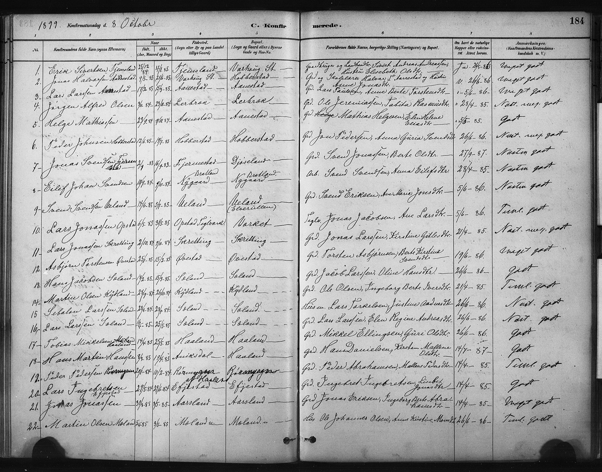Hå sokneprestkontor, AV/SAST-A-101801/001/30BA/L0011: Ministerialbok nr. A 10, 1879-1900, s. 184