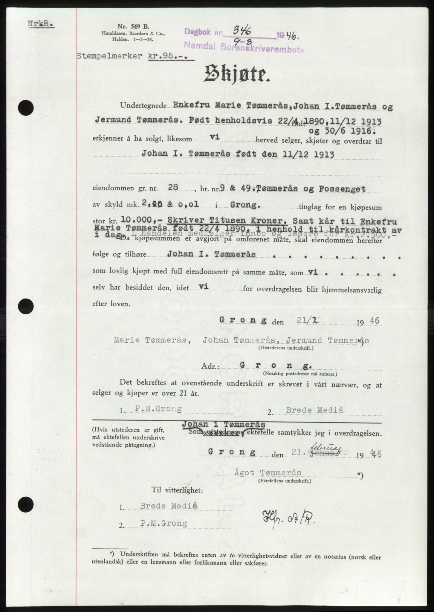 Namdal sorenskriveri, SAT/A-4133/1/2/2C: Pantebok nr. -, 1946-1946, Dagboknr: 346/1946