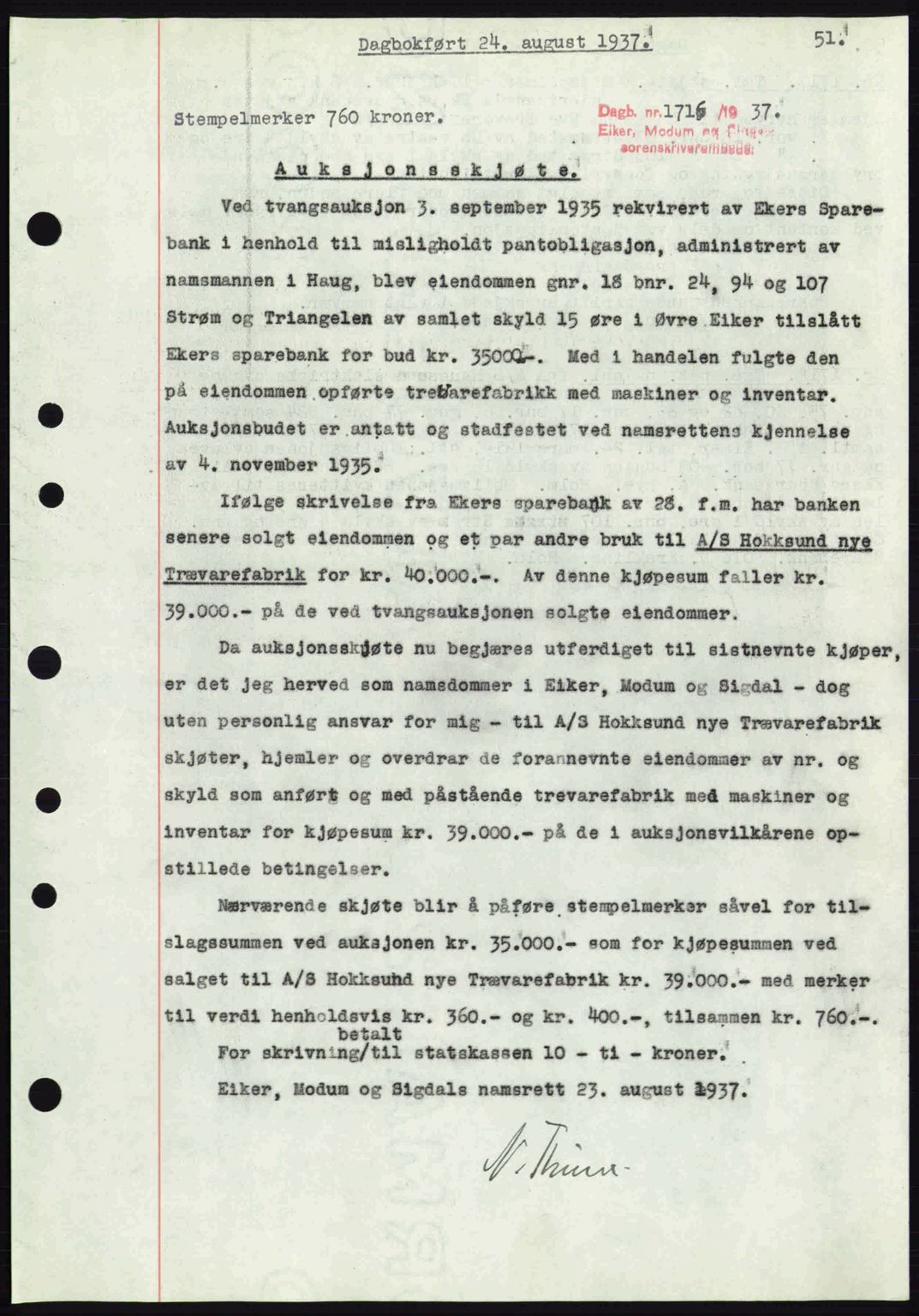 Eiker, Modum og Sigdal sorenskriveri, SAKO/A-123/G/Ga/Gab/L0036: Pantebok nr. A6, 1937-1937, Dagboknr: 1716/1937
