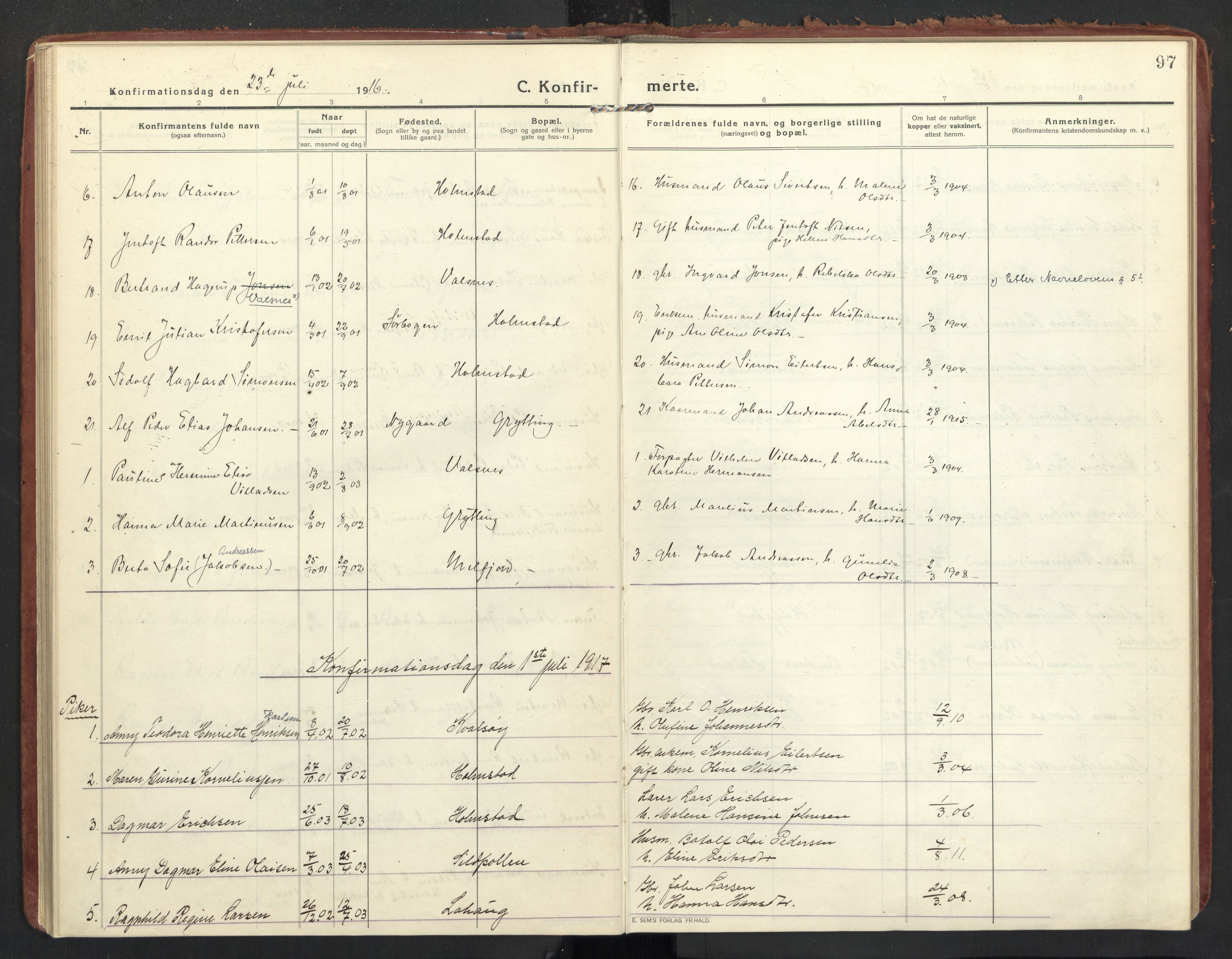 Ministerialprotokoller, klokkerbøker og fødselsregistre - Nordland, AV/SAT-A-1459/890/L1288: Ministerialbok nr. 890A03, 1915-1925, s. 97