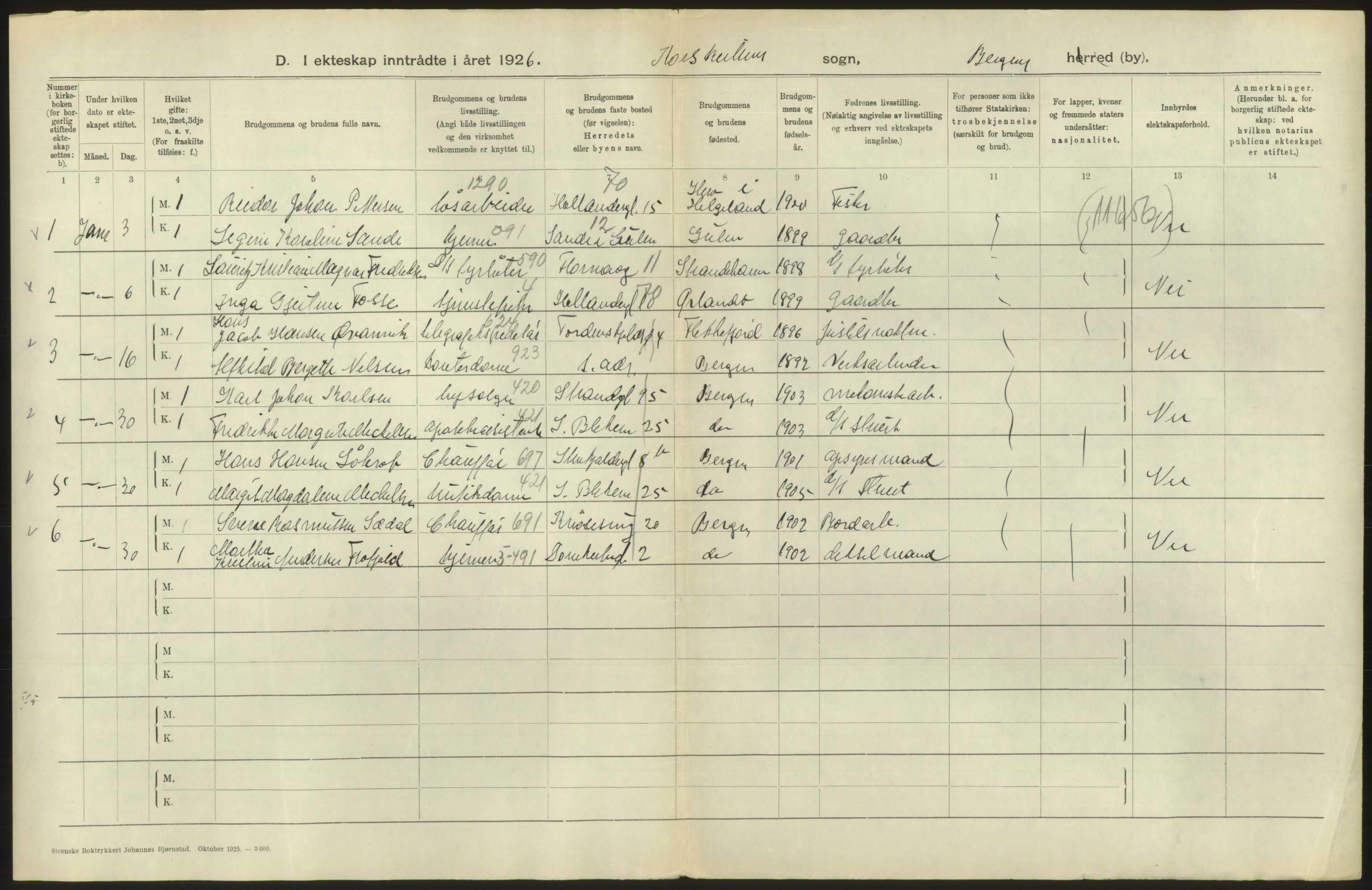 Statistisk sentralbyrå, Sosiodemografiske emner, Befolkning, RA/S-2228/D/Df/Dfc/Dfcf/L0028: Bergen: Gifte, døde, dødfødte., 1926, s. 230