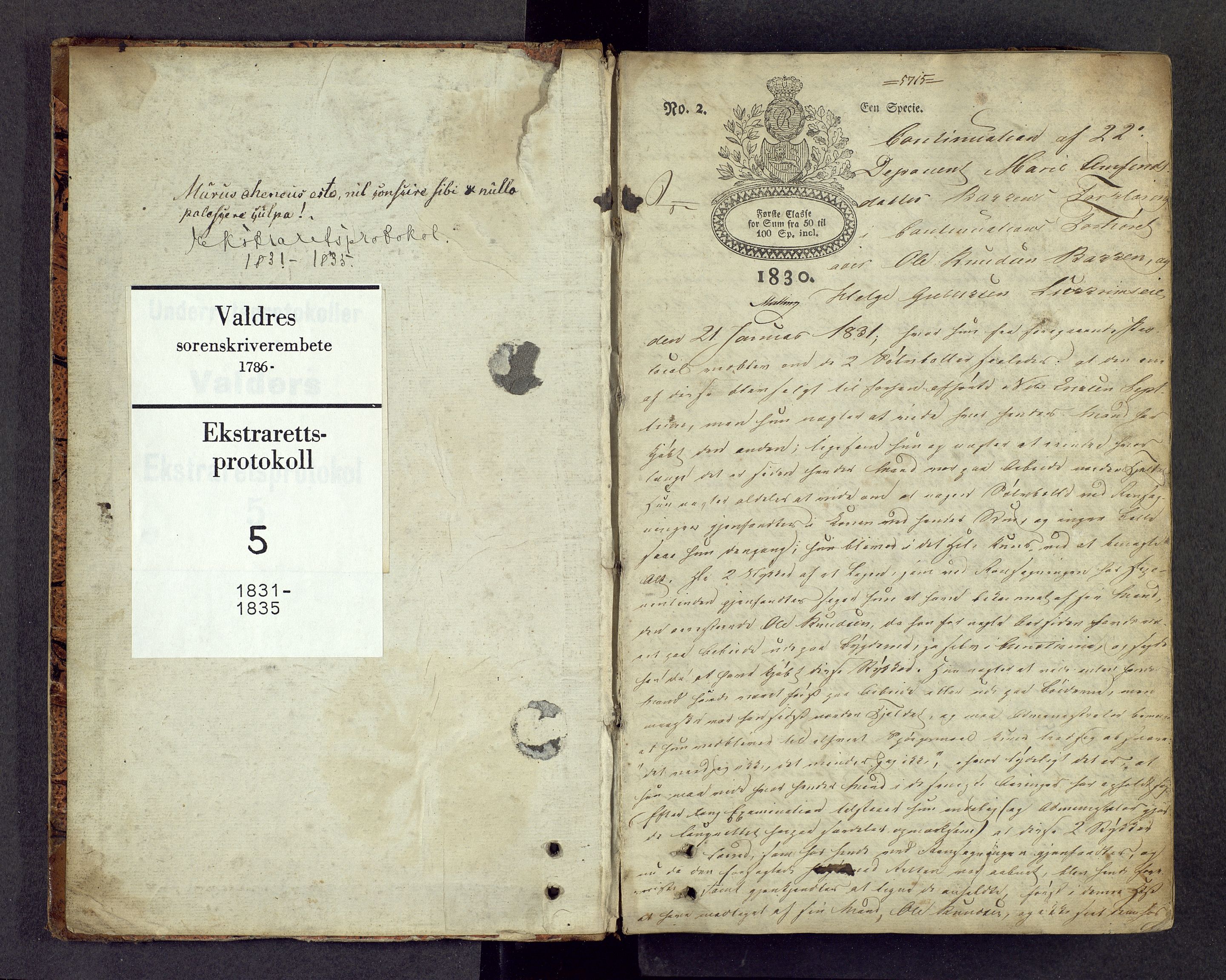 Valdres sorenskriveri, SAH/TING-016/G/Gc/L0005: Ekstrarettsprotokoll, 1831-1835