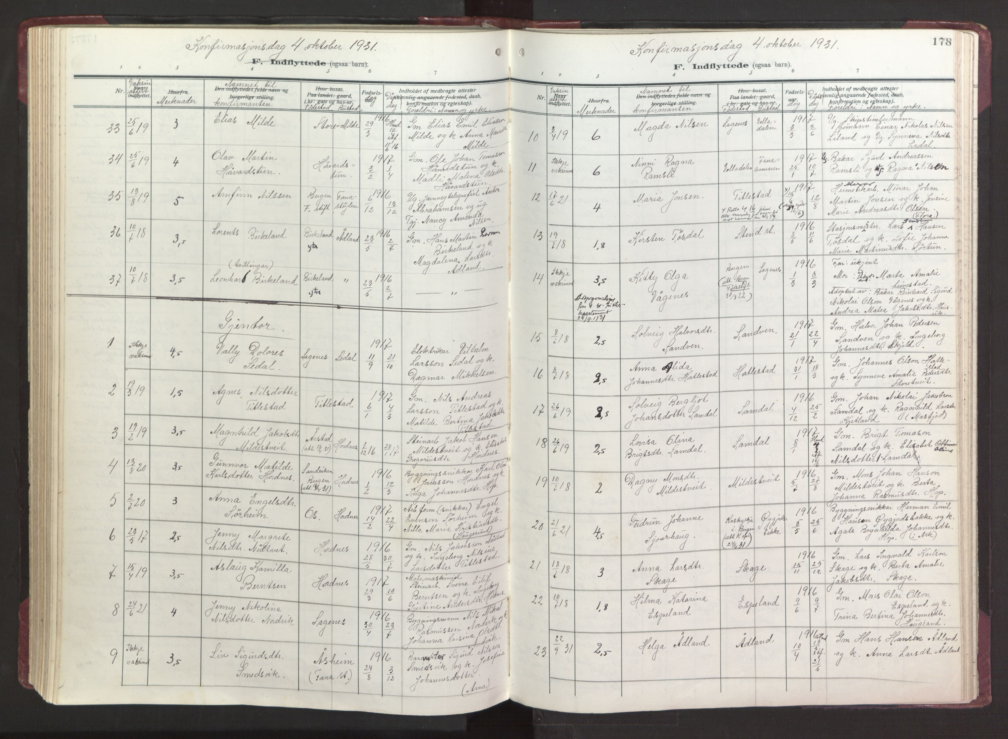 Fana Sokneprestembete, AV/SAB-A-75101/H/Haa/Haab/L0006: Ministerialbok nr. B 6, 1923-1967, s. 178