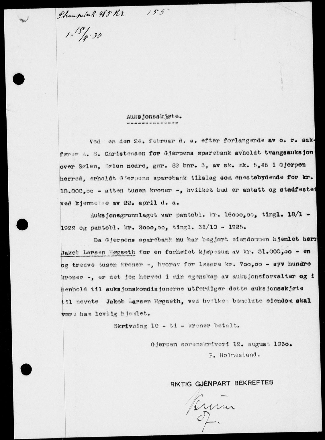Gjerpen sorenskriveri, SAKO/A-216/G/Ga/Gaa/L0054: Pantebok nr. I 54-56, 1930-1931, s. 155, Tingl.dato: 18.08.1930