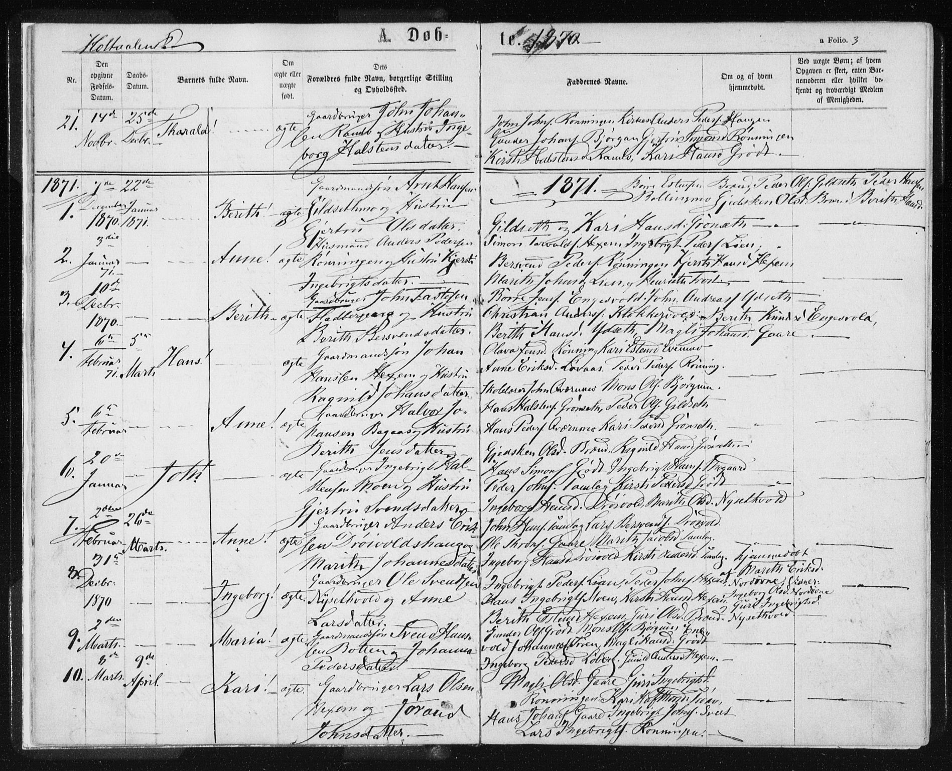 Ministerialprotokoller, klokkerbøker og fødselsregistre - Sør-Trøndelag, AV/SAT-A-1456/685/L0969: Ministerialbok nr. 685A08 /1, 1870-1878, s. 3