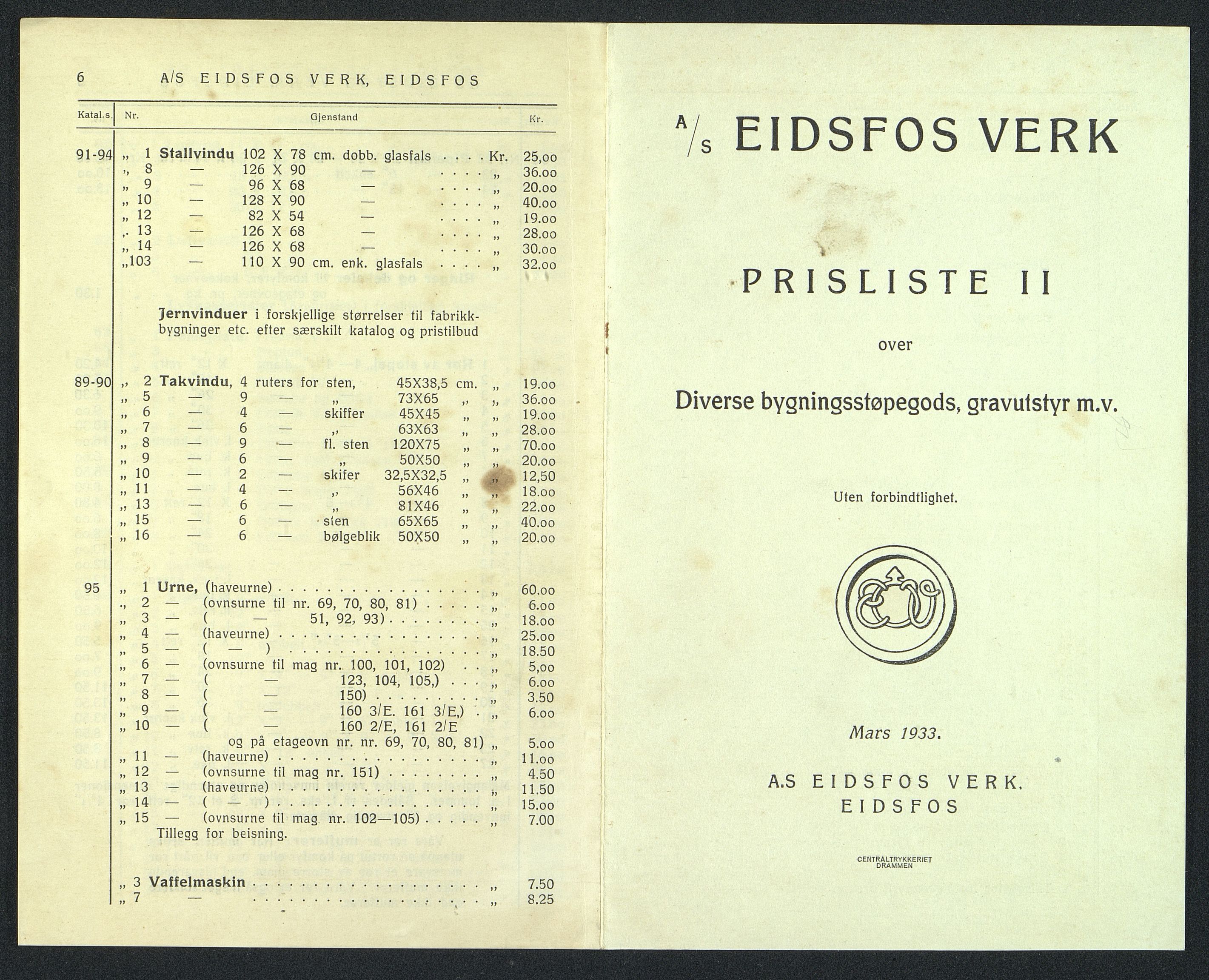 Næs Jernverksmuseets samling av historiske ovnskataloger, NESJ/NJM-006/01/L0057: Eidsfos Verk, Prisliste II over diverse bygningsstøpegods, gravutstyr m.v. Uten forbindtlighet, mars 1933, 1933