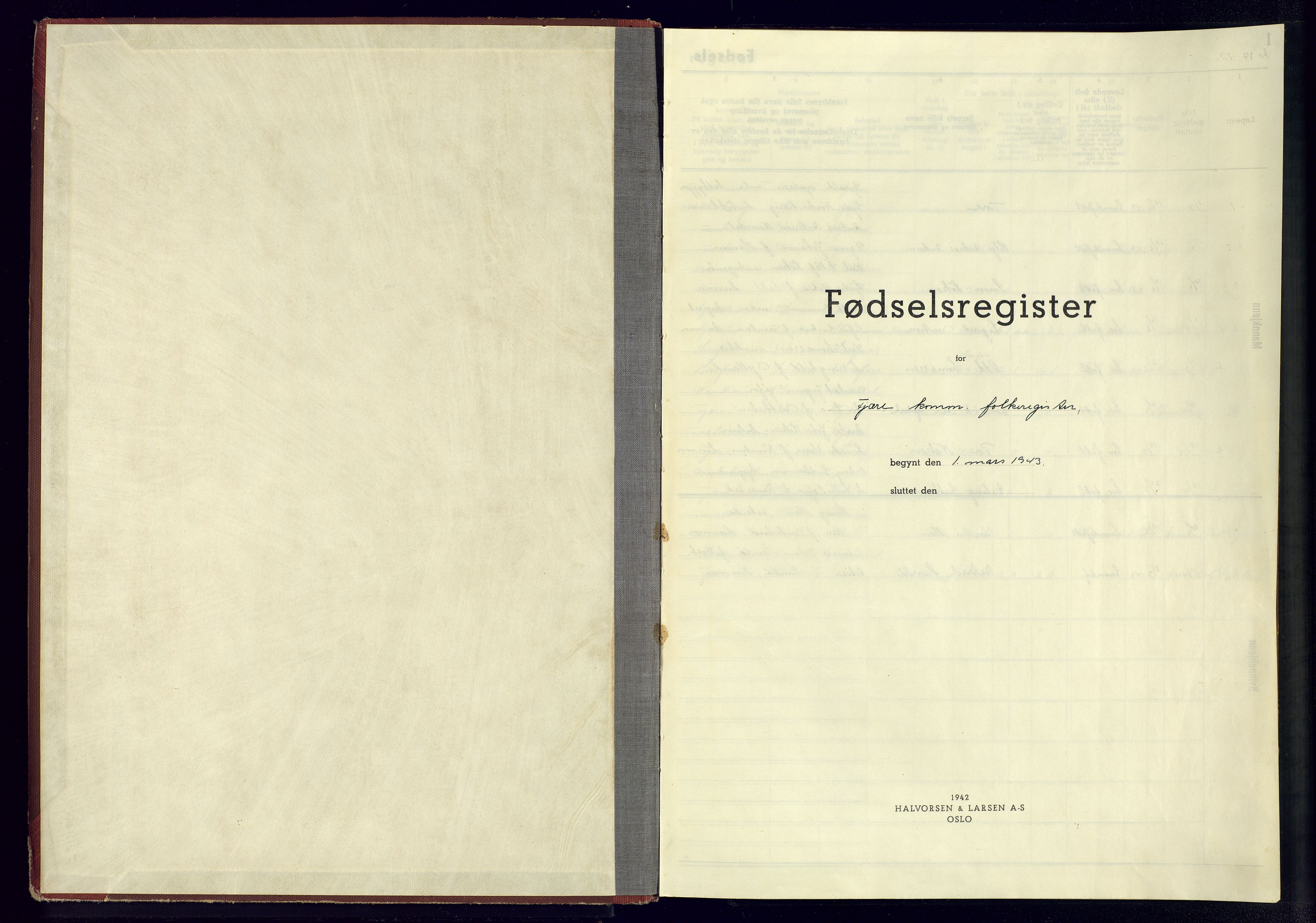 Fjære sokneprestkontor, SAK/1111-0011/J/Je/L0001: Fødselsregister nr. 1, 1943-1945