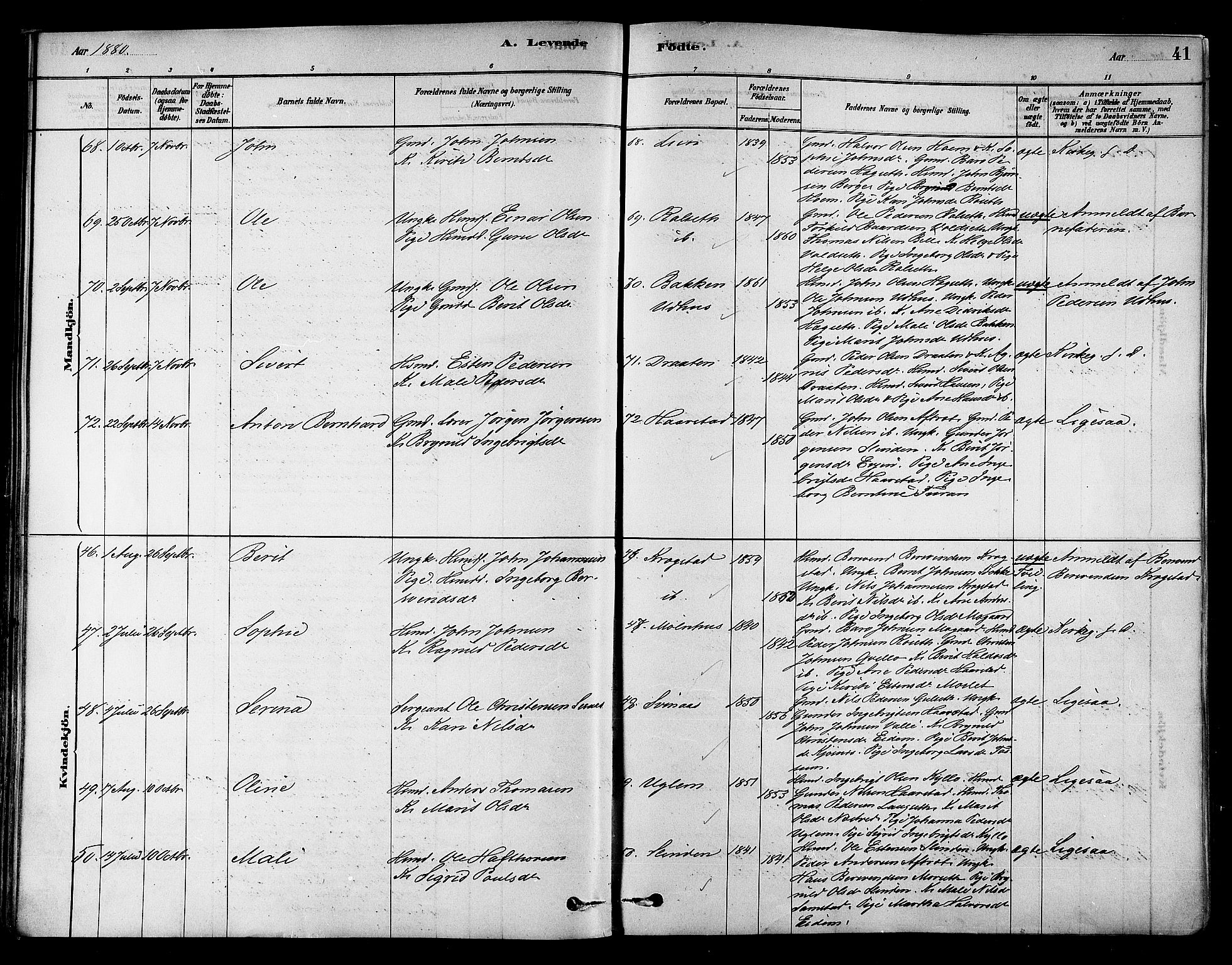 Ministerialprotokoller, klokkerbøker og fødselsregistre - Sør-Trøndelag, AV/SAT-A-1456/695/L1148: Ministerialbok nr. 695A08, 1878-1891, s. 41