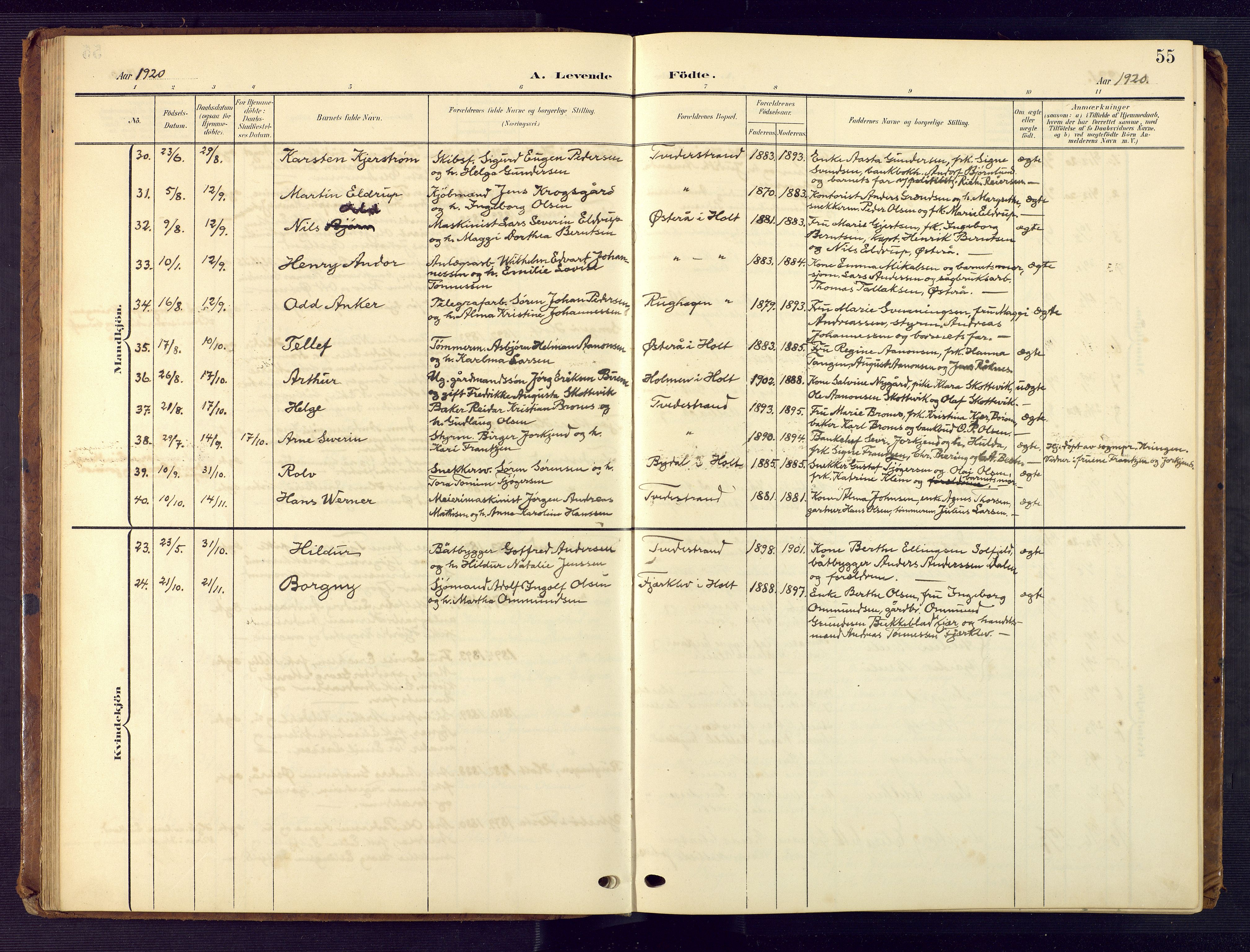 Tvedestrand sokneprestkontor, AV/SAK-1111-0042/F/Fb/L0001: Klokkerbok nr. B 1, 1902-1956, s. 55