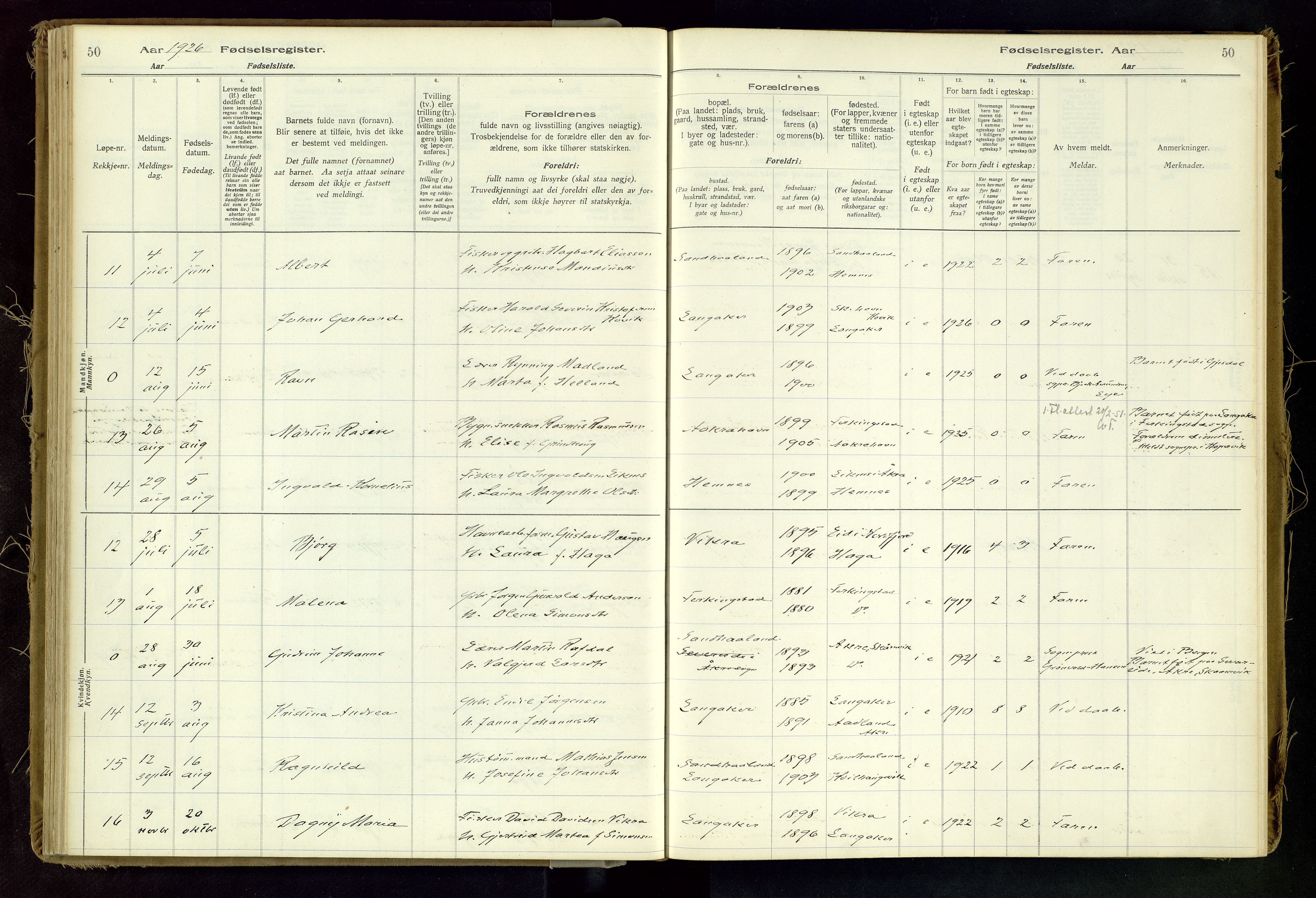 Skudenes sokneprestkontor, SAST/A -101849/I/Id/L0002: Fødselsregister nr. 2, 1916-1962, s. 50