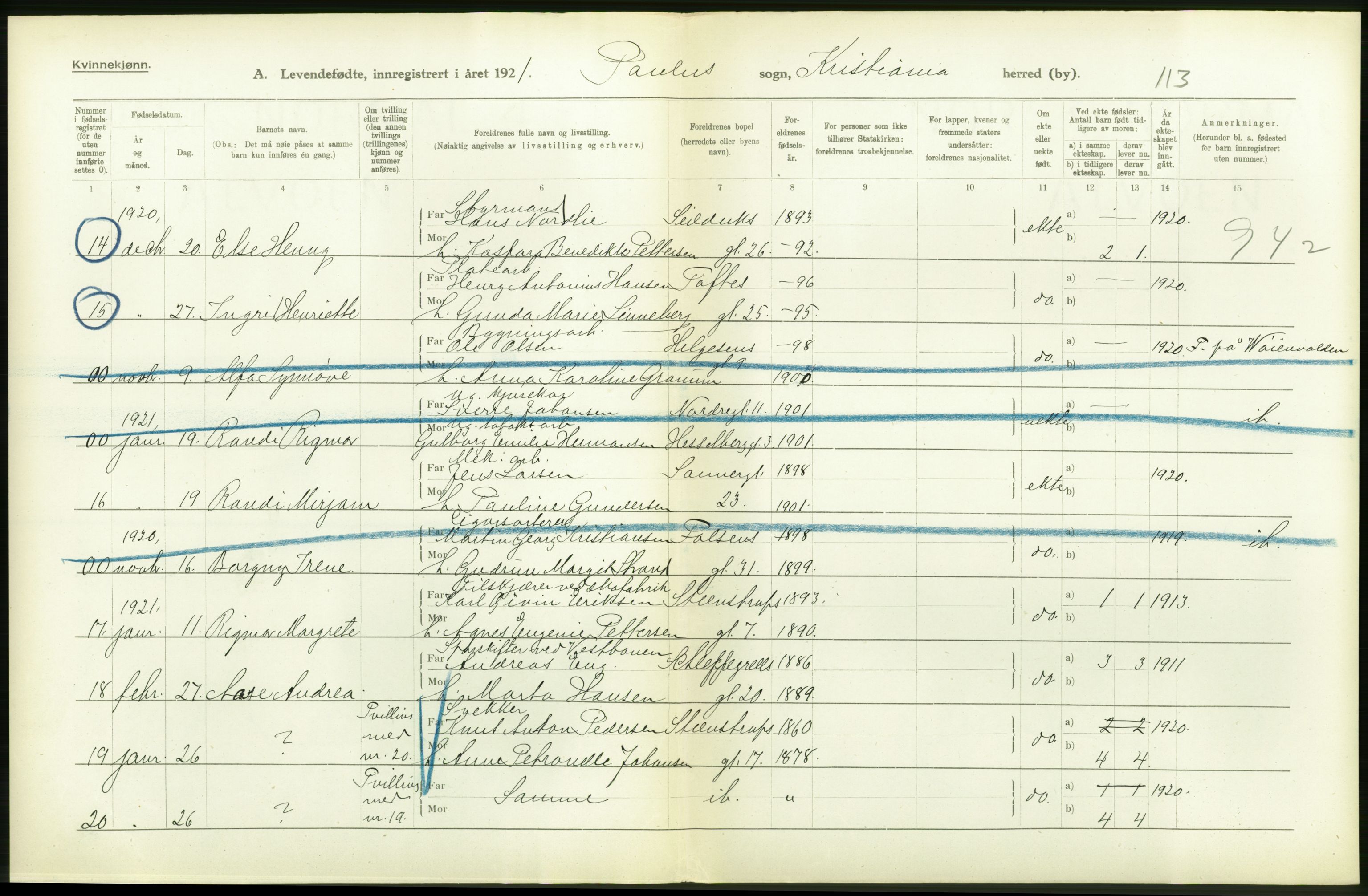 Statistisk sentralbyrå, Sosiodemografiske emner, Befolkning, RA/S-2228/D/Df/Dfc/Dfca/L0008: Kristiania: Levendefødte menn og kvinner., 1921, s. 170