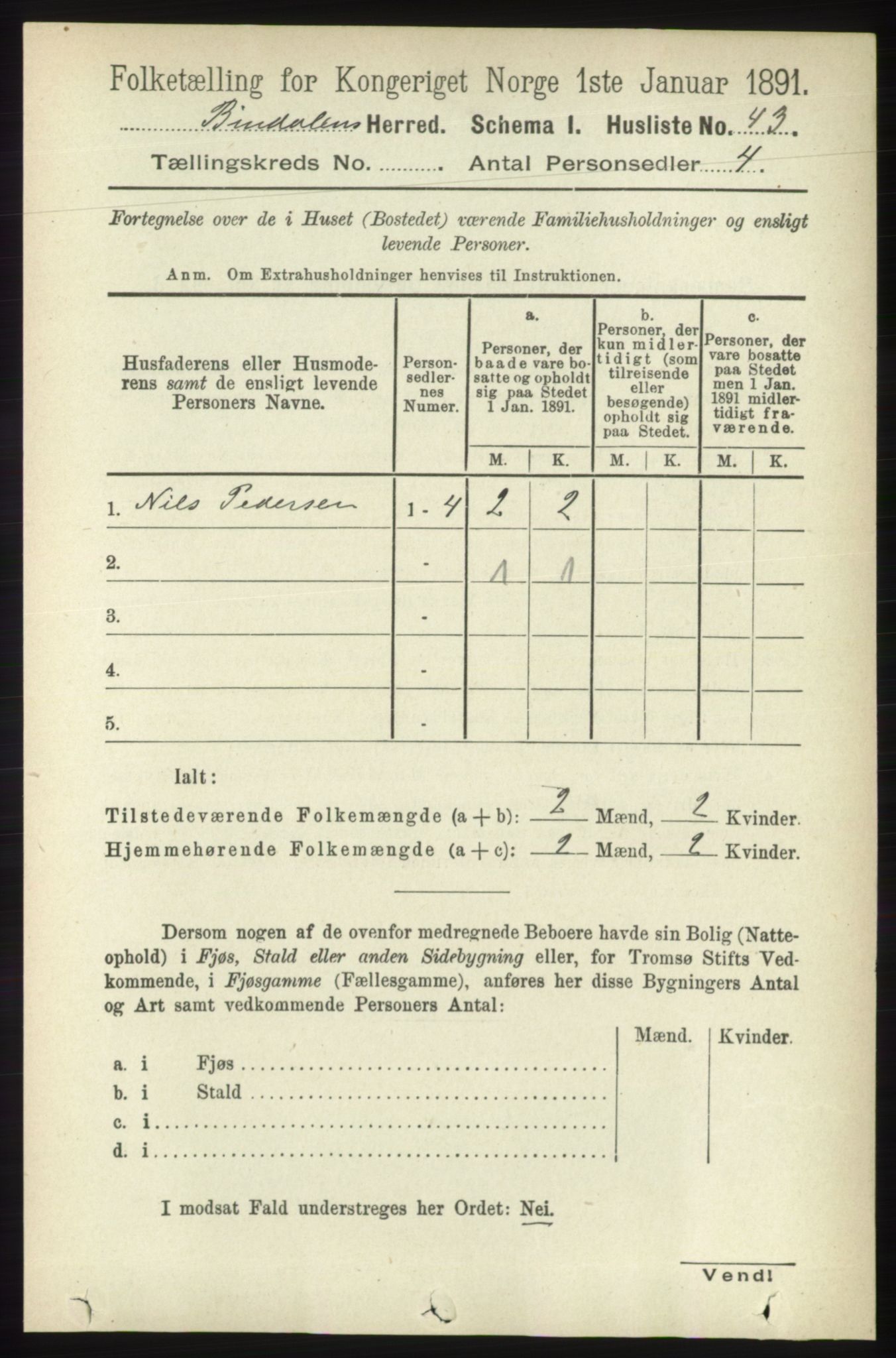 RA, Folketelling 1891 for 1811 Bindal herred, 1891, s. 2605