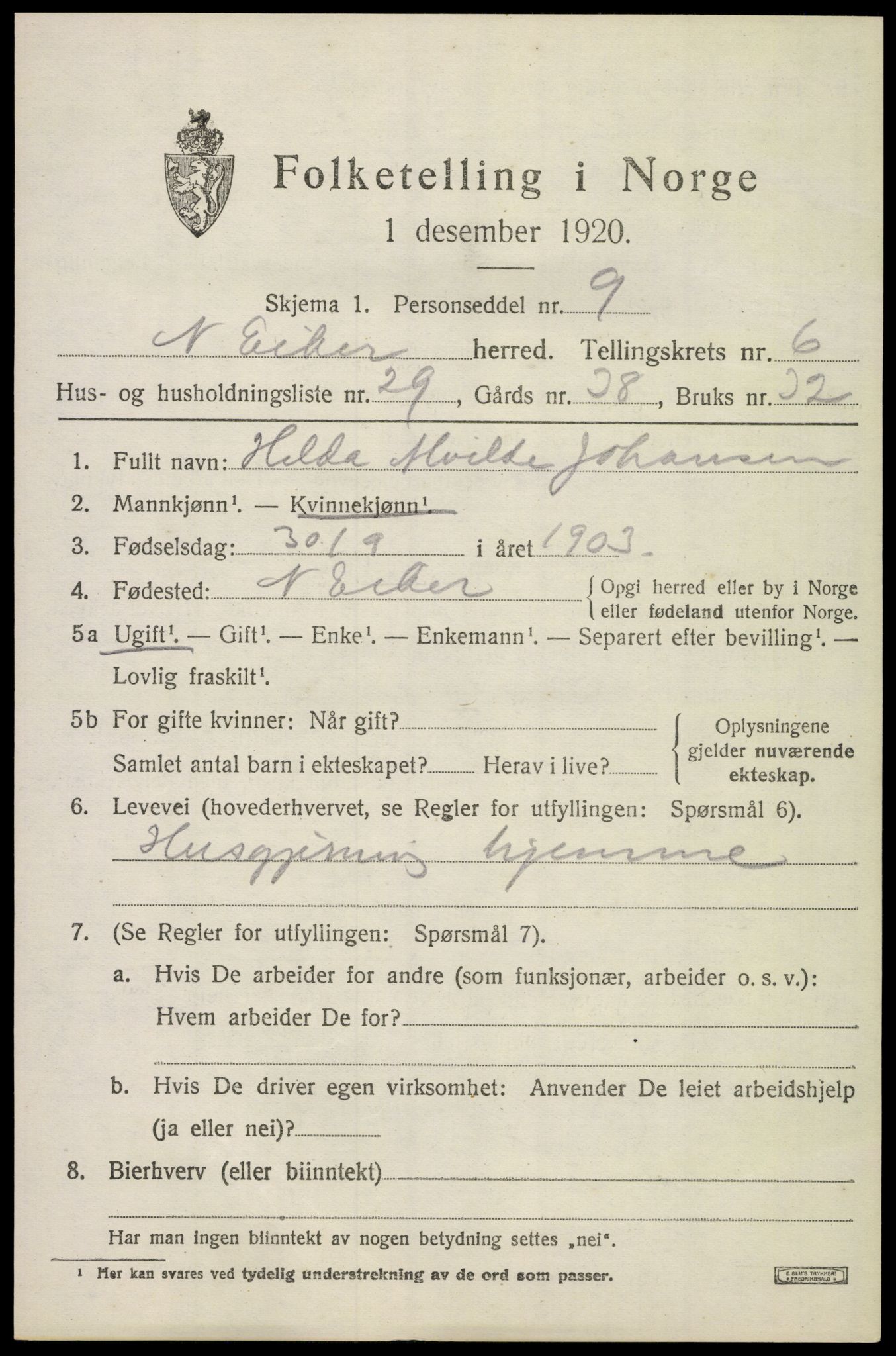 SAKO, Folketelling 1920 for 0625 Nedre Eiker herred, 1920, s. 6765