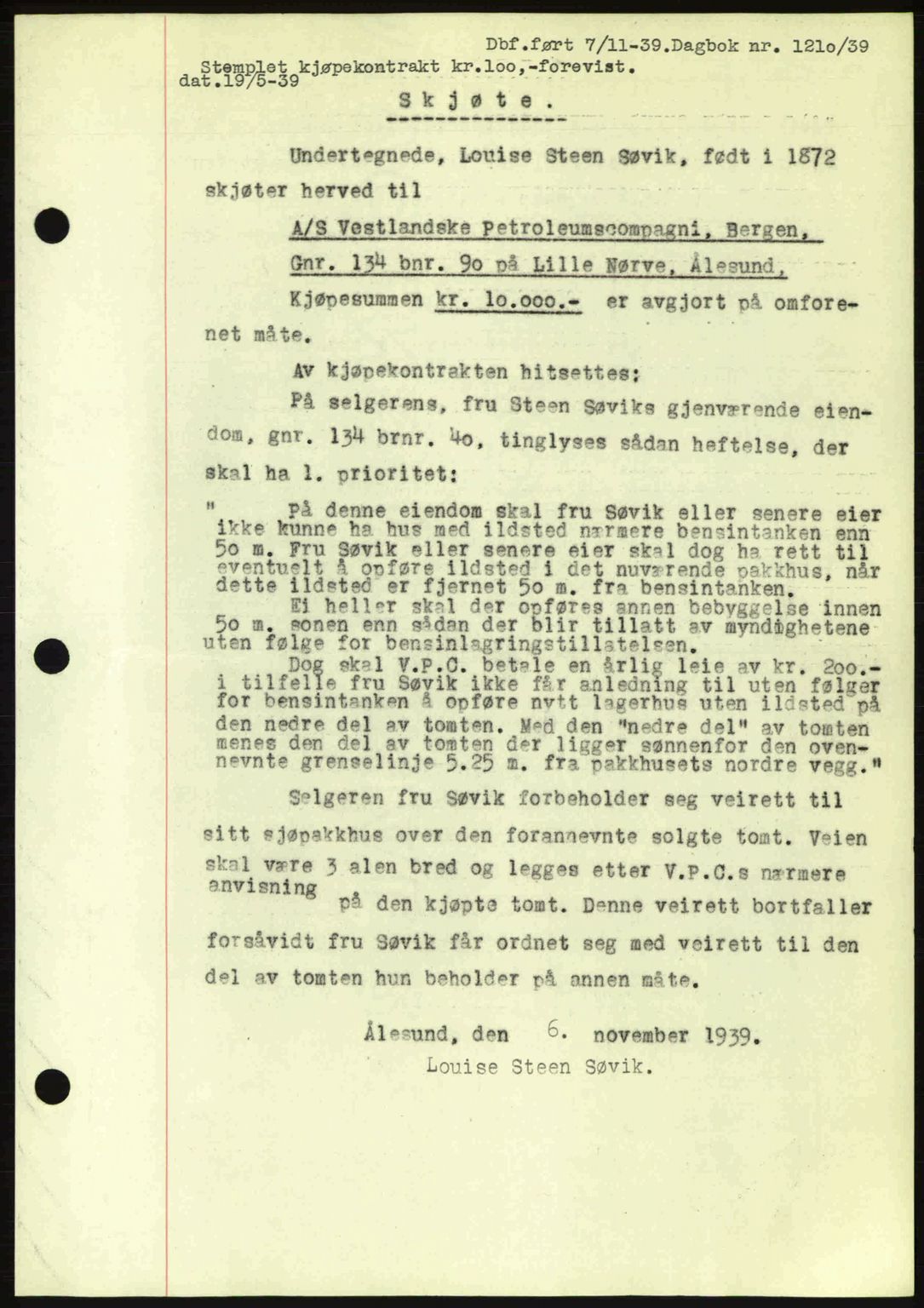 Ålesund byfogd, AV/SAT-A-4384: Pantebok nr. 34 II, 1938-1940, Dagboknr: 1210/1939