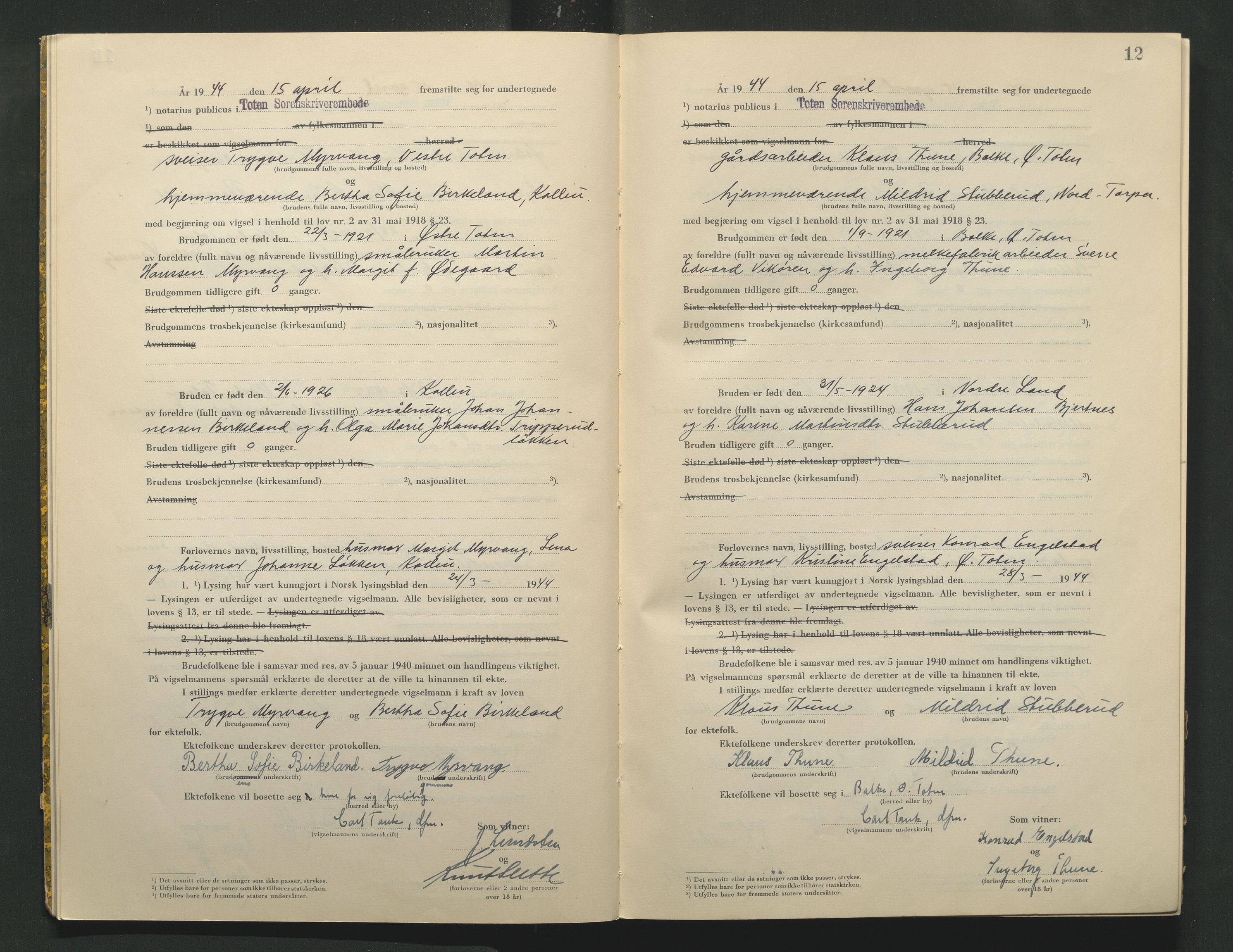 Toten tingrett, AV/SAH-TING-006/L/Lc/L0004: Vigselbok, 1944, s. 12